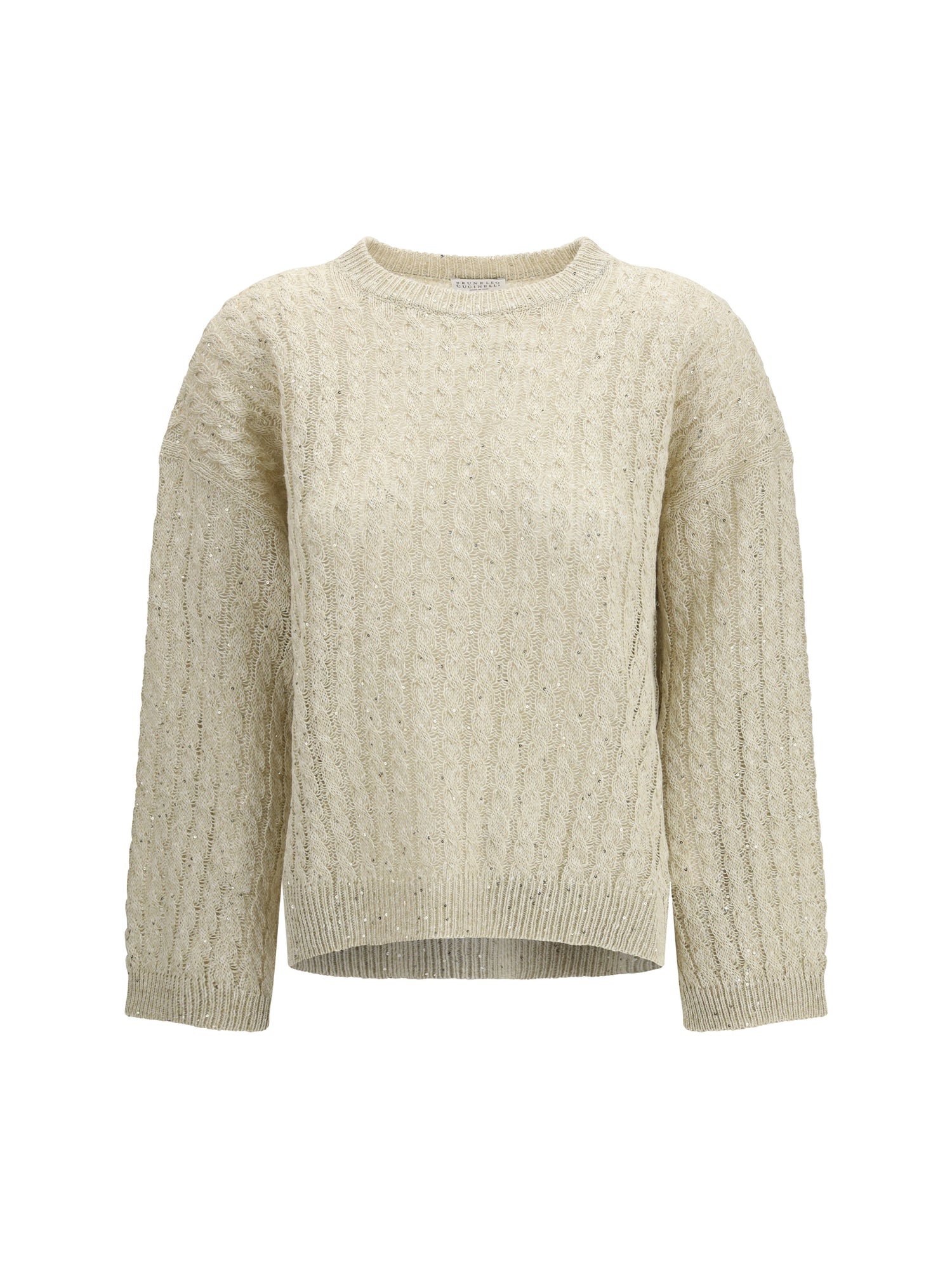 BRUNELLO CUCINELLI M dazzling cable linen sweater with openwork ribbing 