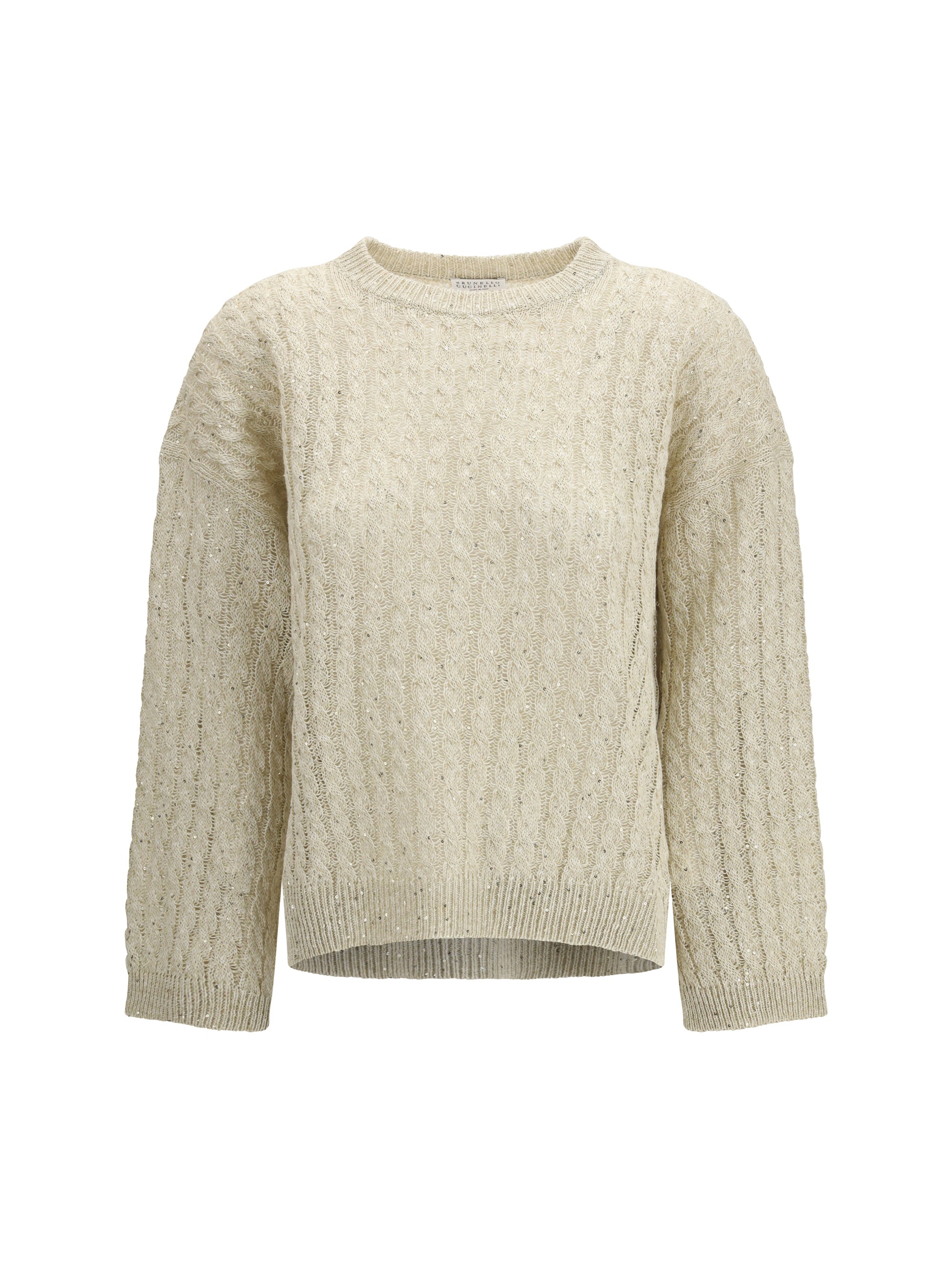 BRUNELLO CUCINELLI M dazzling cable linen sweater with openwork ribbing 