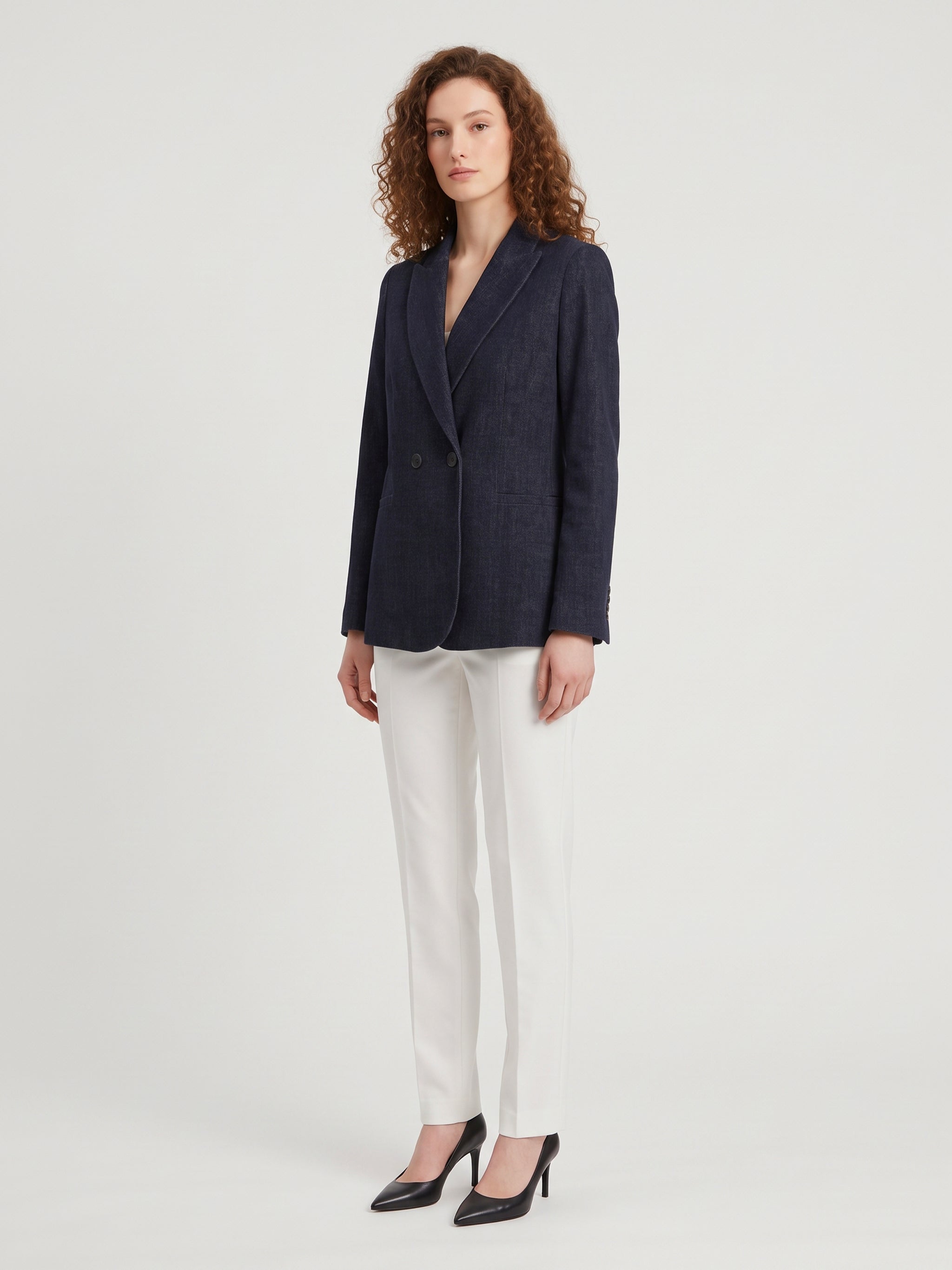 navy velvet double-breasted jacket