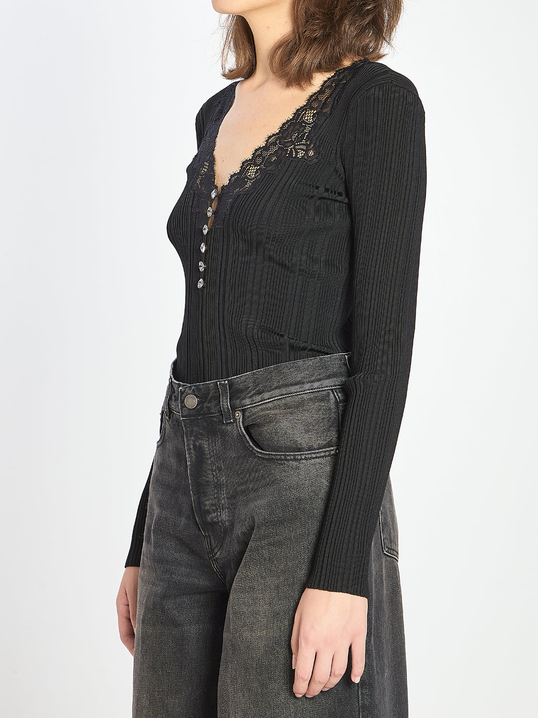 SELF PORTRAIT M lace trim knit top 