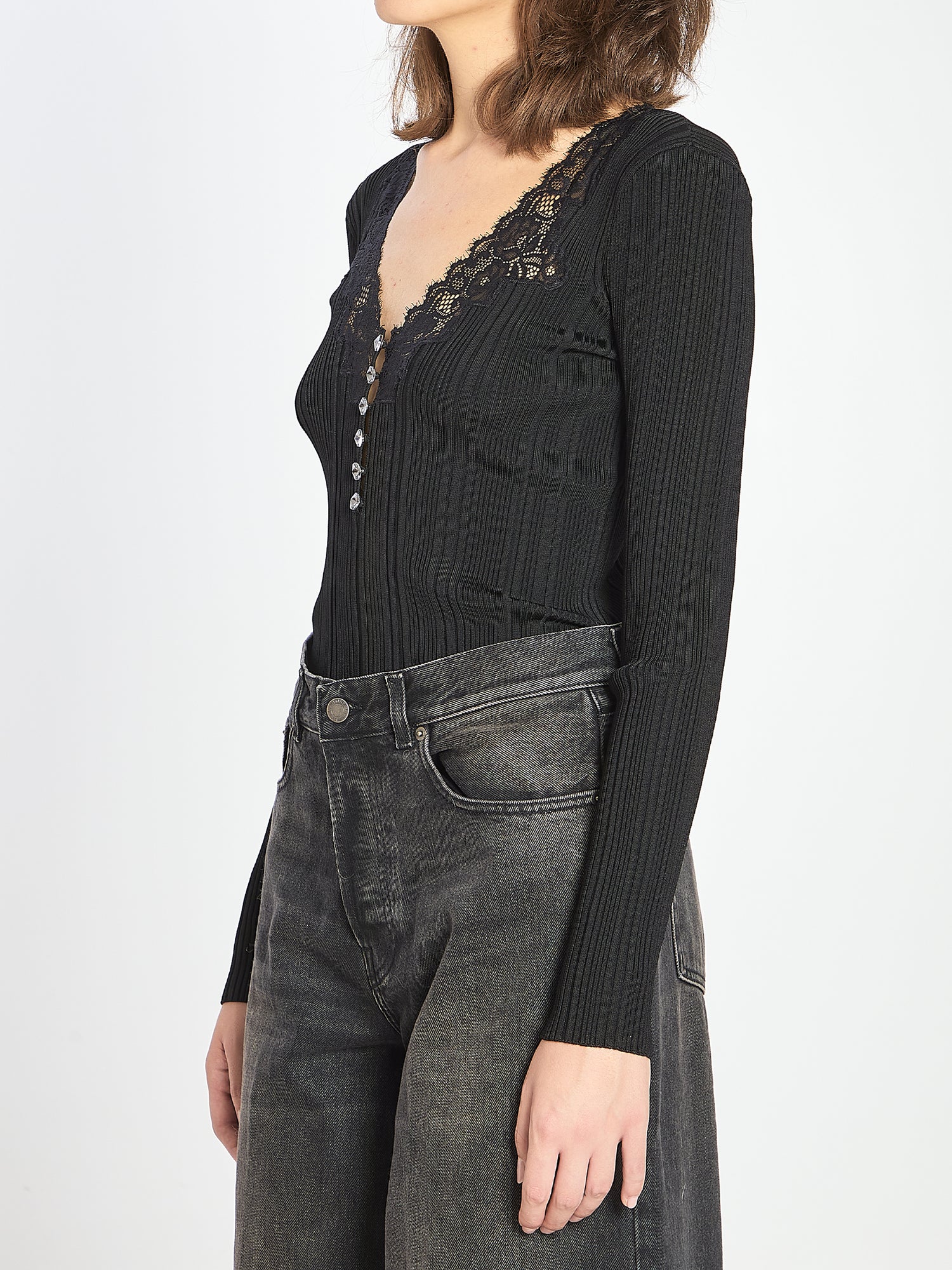 SELF PORTRAIT M lace trim knit top 