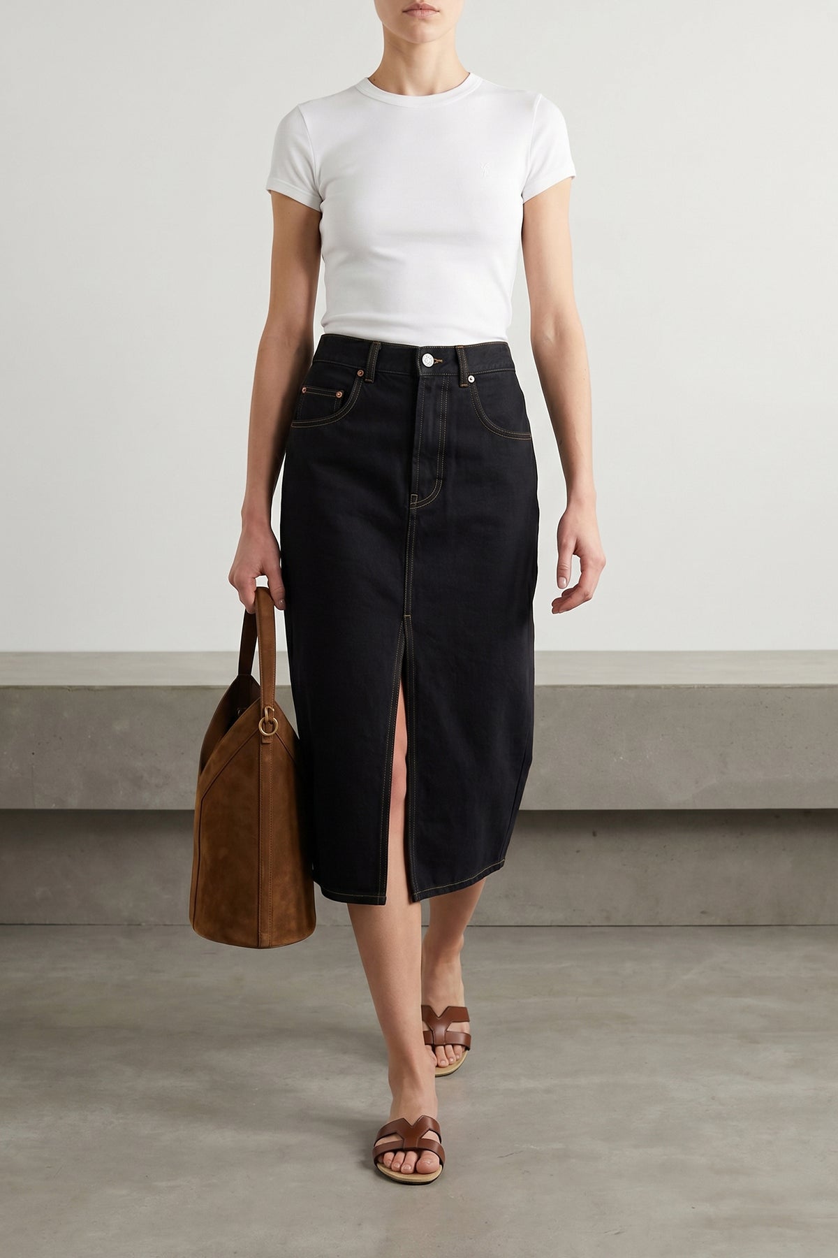 midi skirt in deep sea wash cotton denim