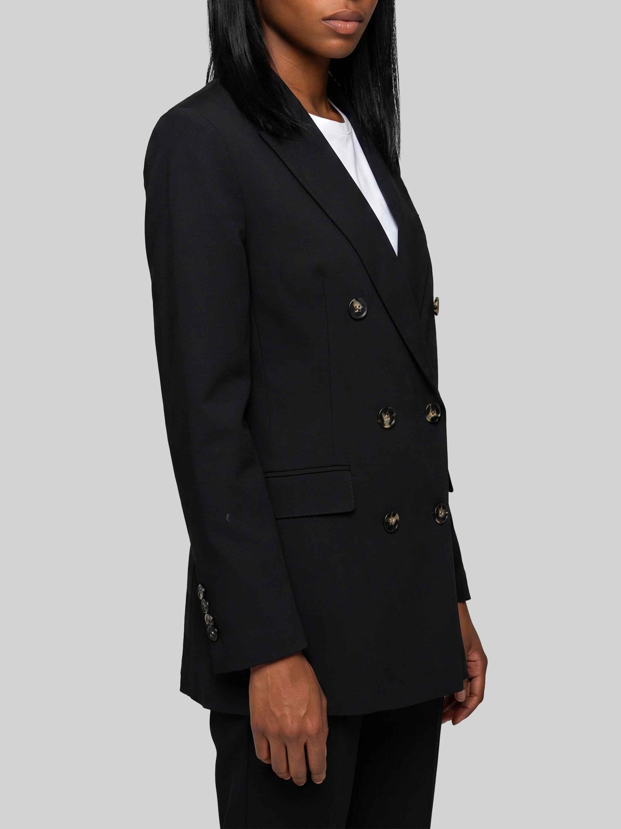 double-breasted black jacket