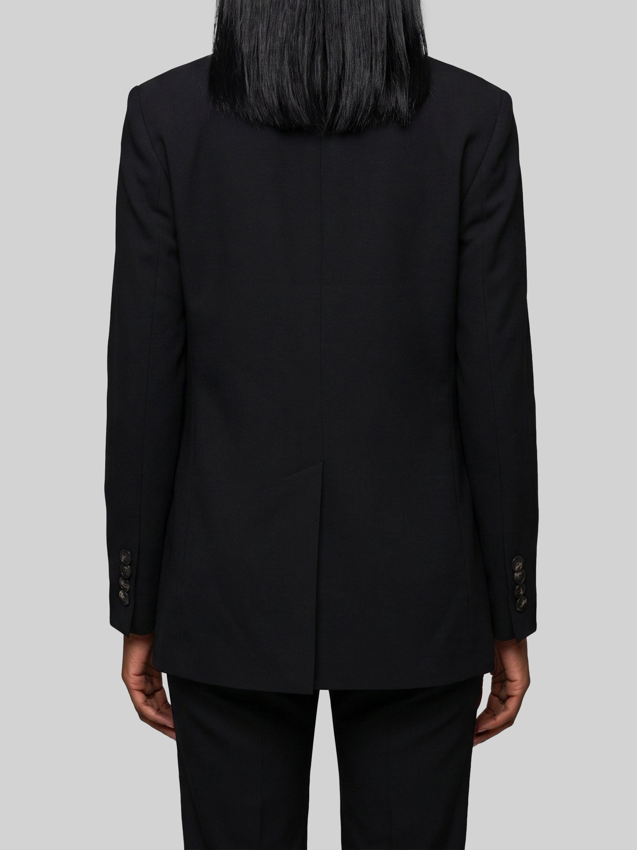 double-breasted black jacket