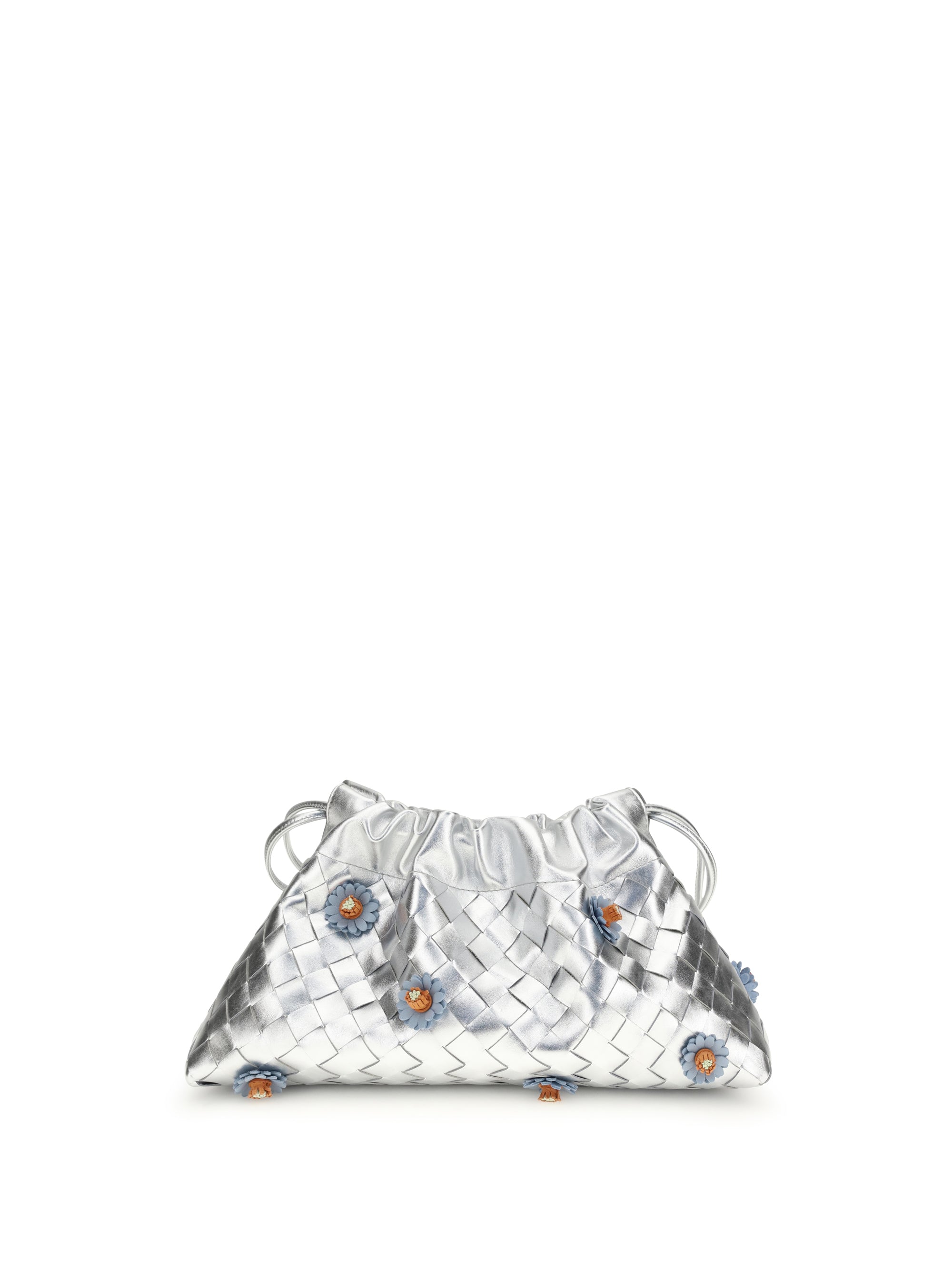 dustbag clutch bag with floral appliqués