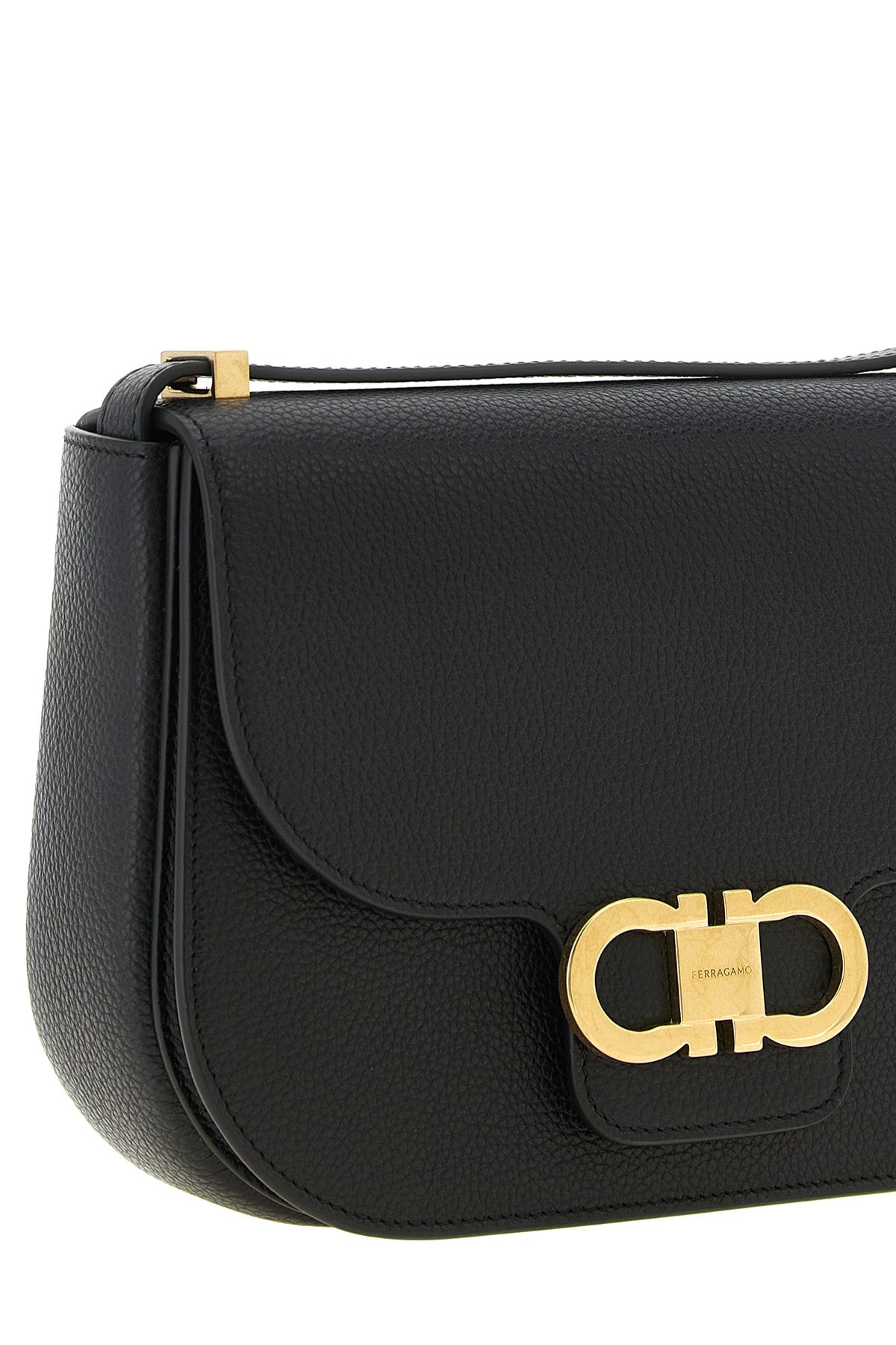 the ferragamo north-south double gancini shoulder bag in fine black hammered c