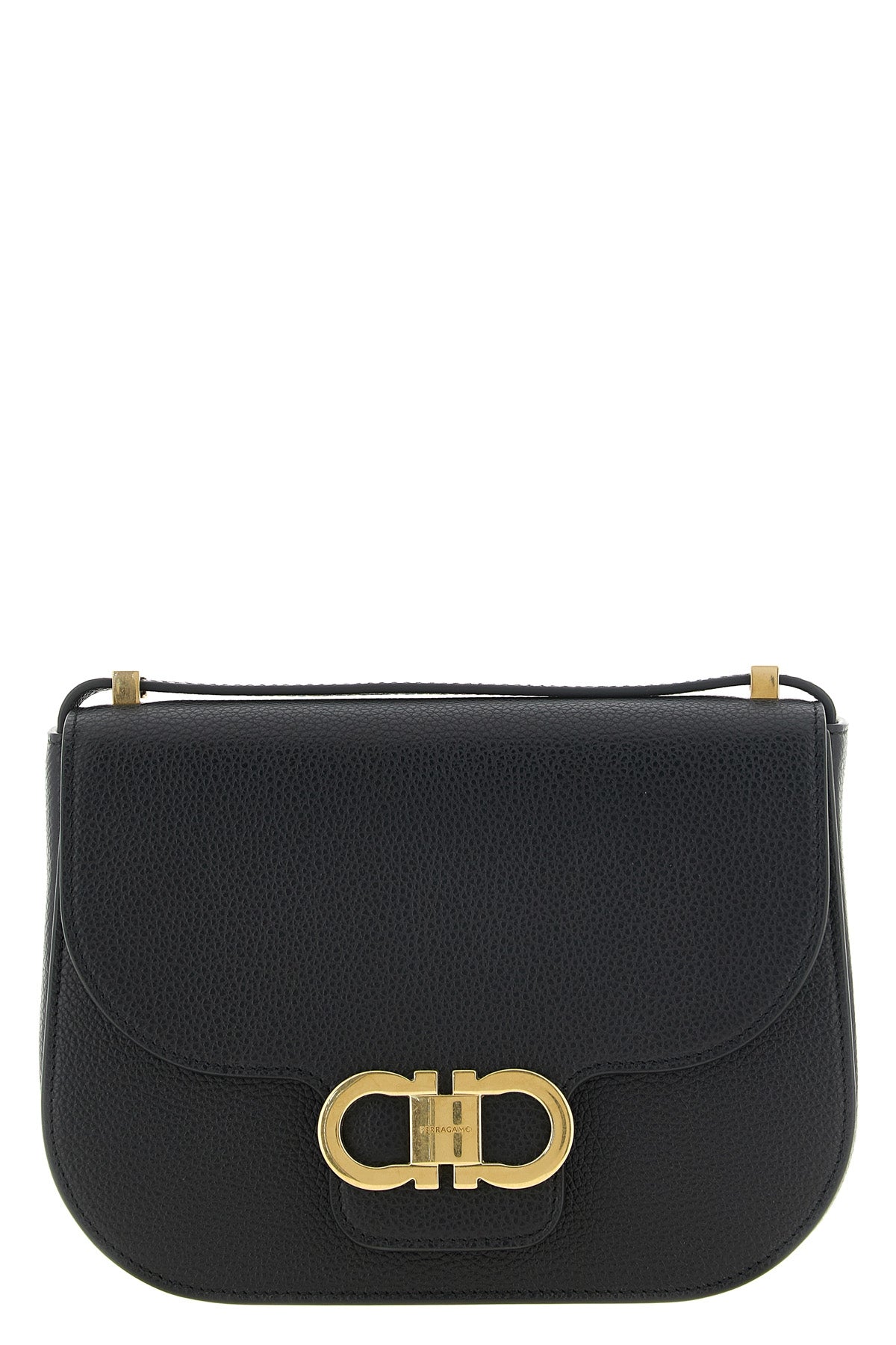 the ferragamo north-south double gancini shoulder bag in fine black hammered c