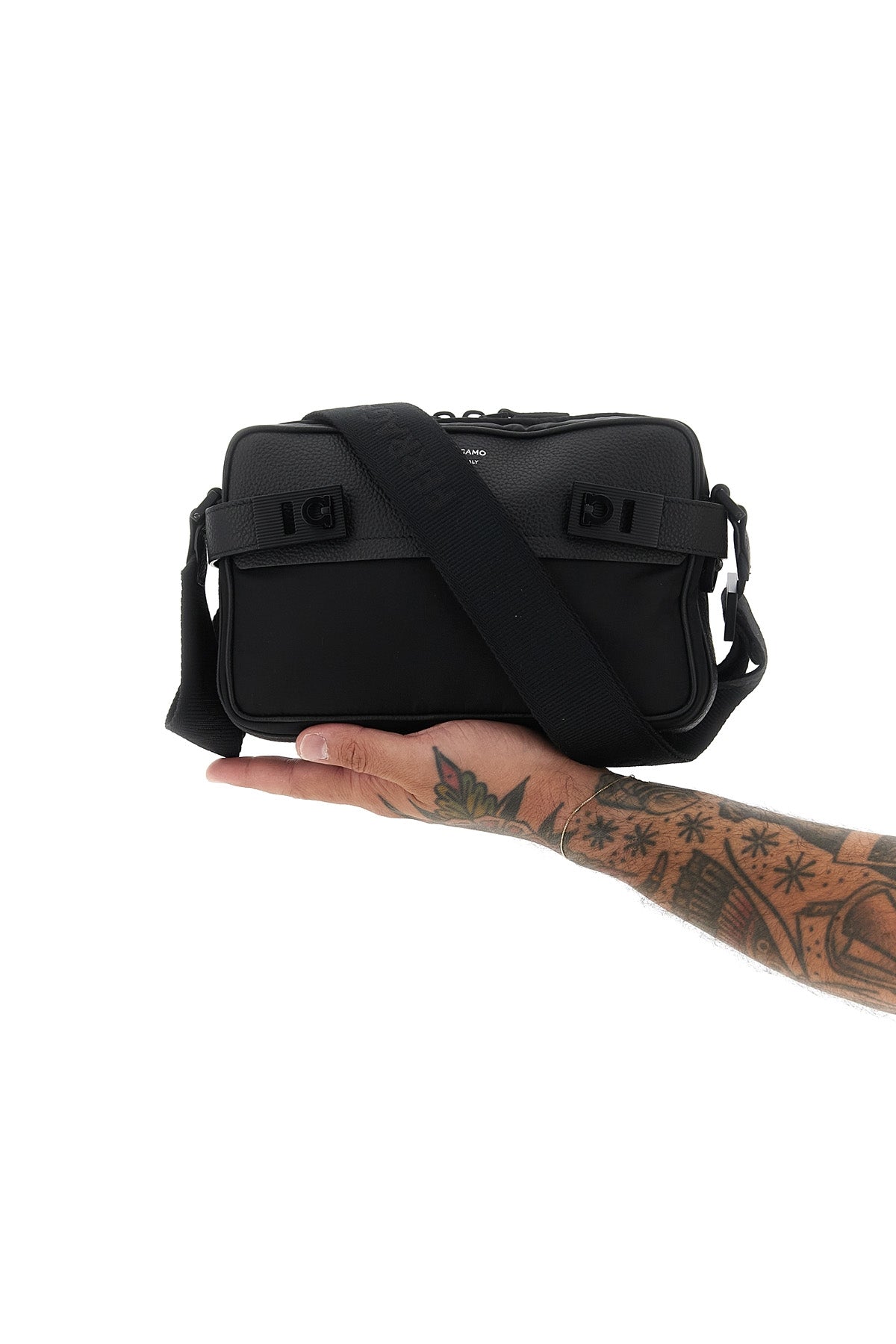 twins nylon crossbody bag in technical fabric and hammered leather