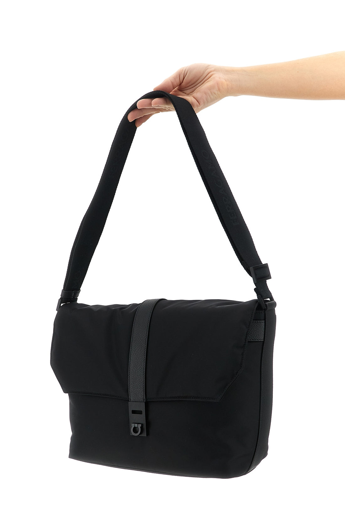 FERRAGAMO OS twins crossbody bag in technical fabric and hammered leather