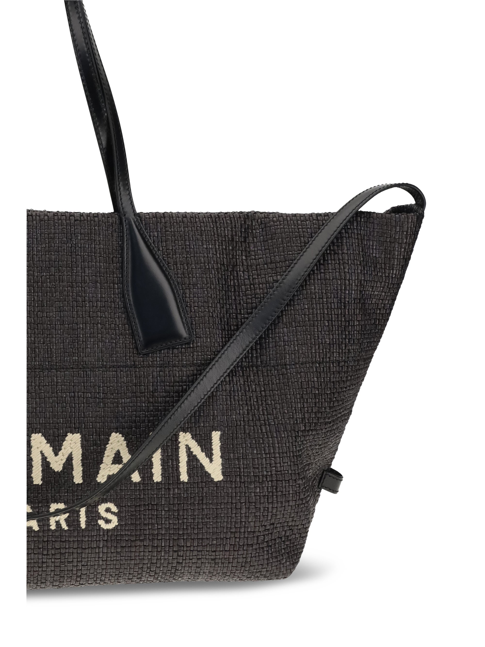 BALMAIN OS track shoulder bag in leather and raffia