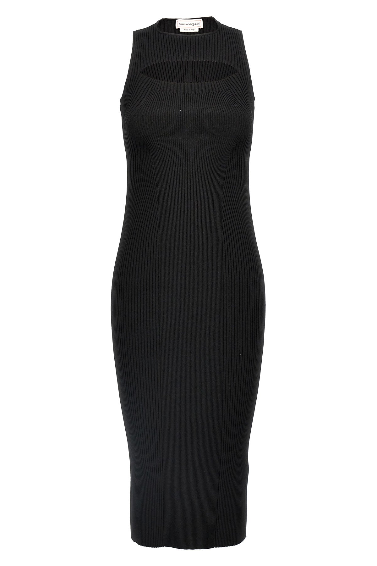 sleeveless stretch viscose blend ribbed knit midi dress