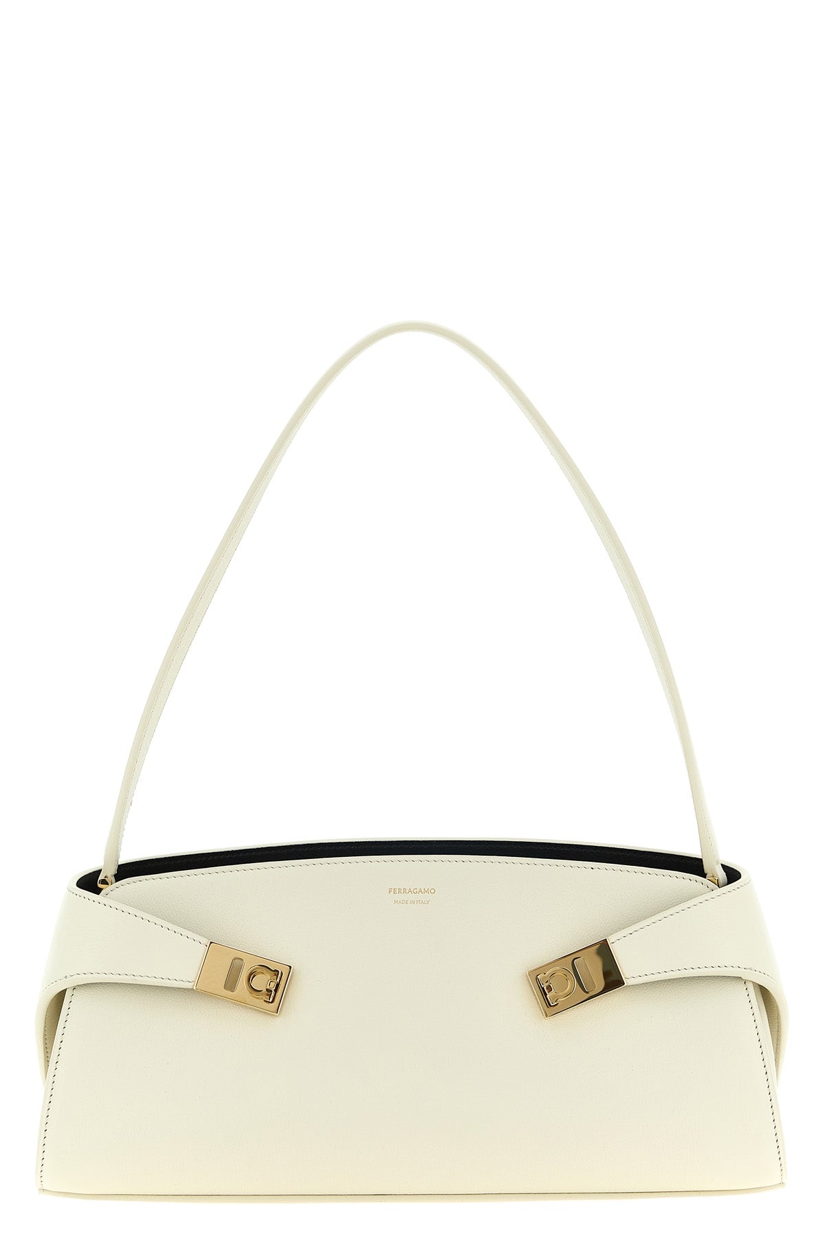 the ferragamo hug east-west shoulder bag in calf leather embodies sculptural e