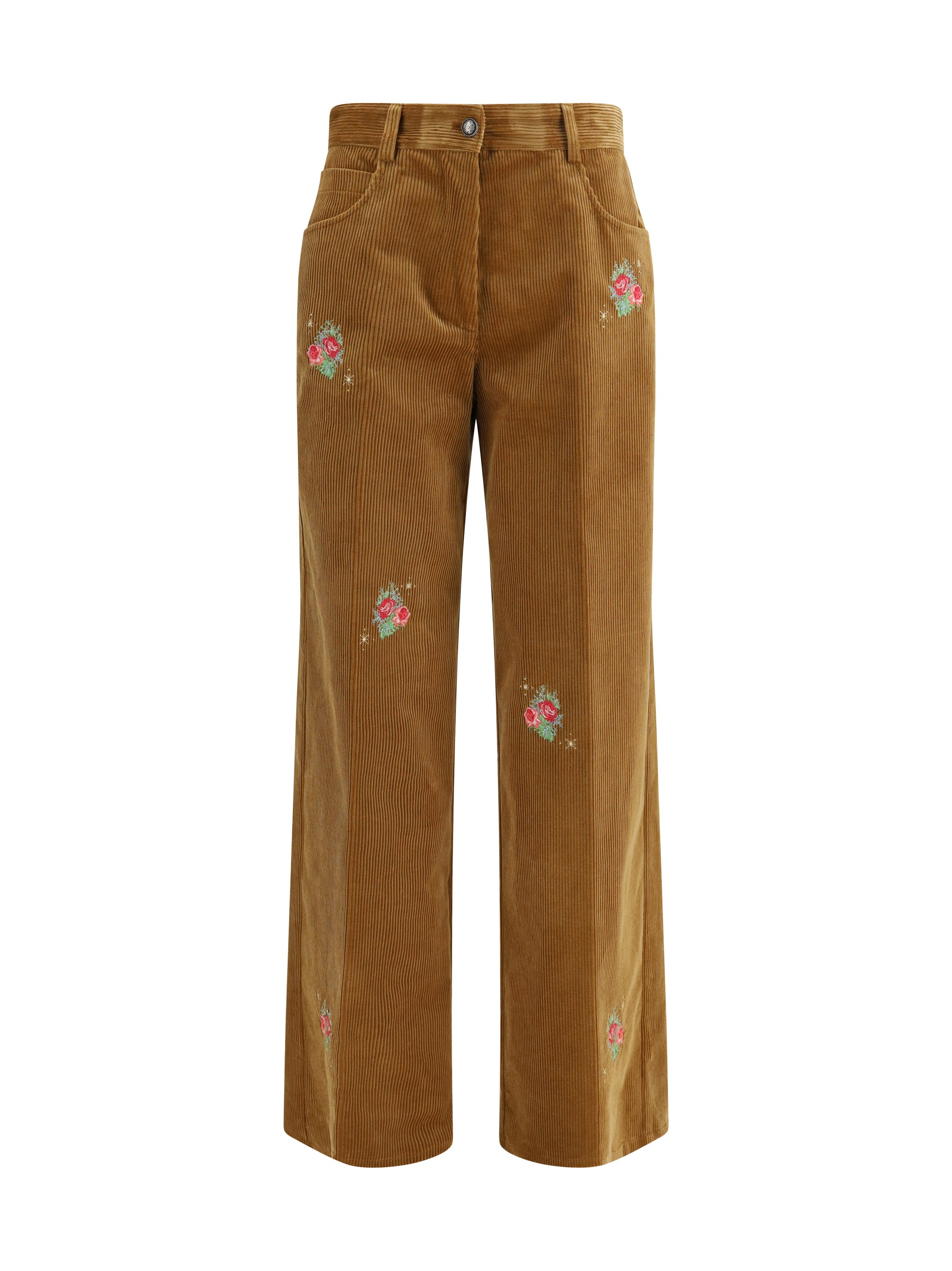 velvet pants with embroidered bouquets