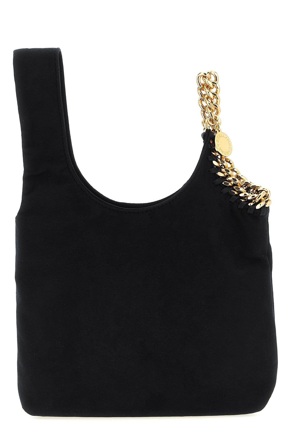 the stella mccartney wristlet falabella handbag has an asymmetrical and unstr