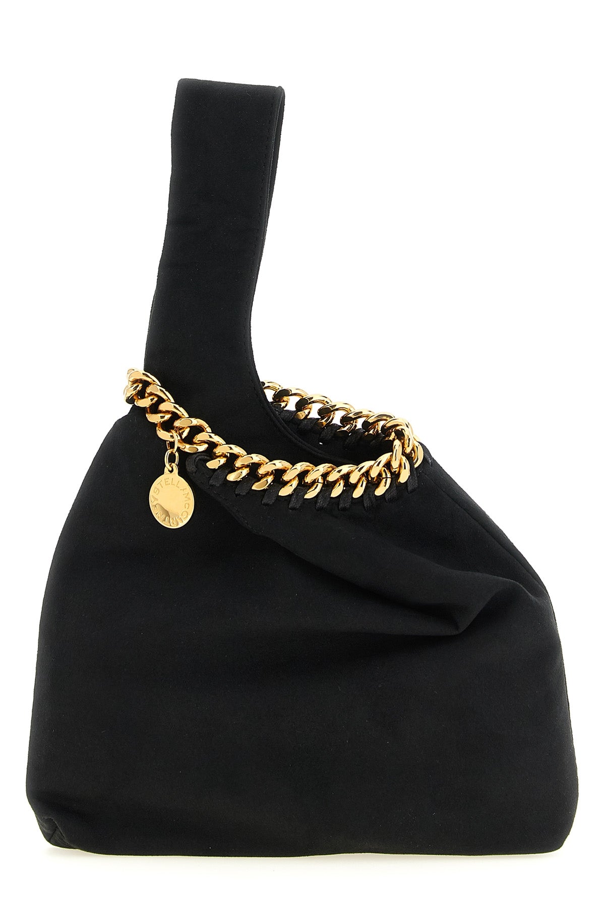 the stella mccartney wristlet falabella handbag has an asymmetrical and unstr