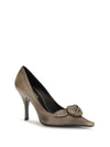 leather pumps with rose appliqué