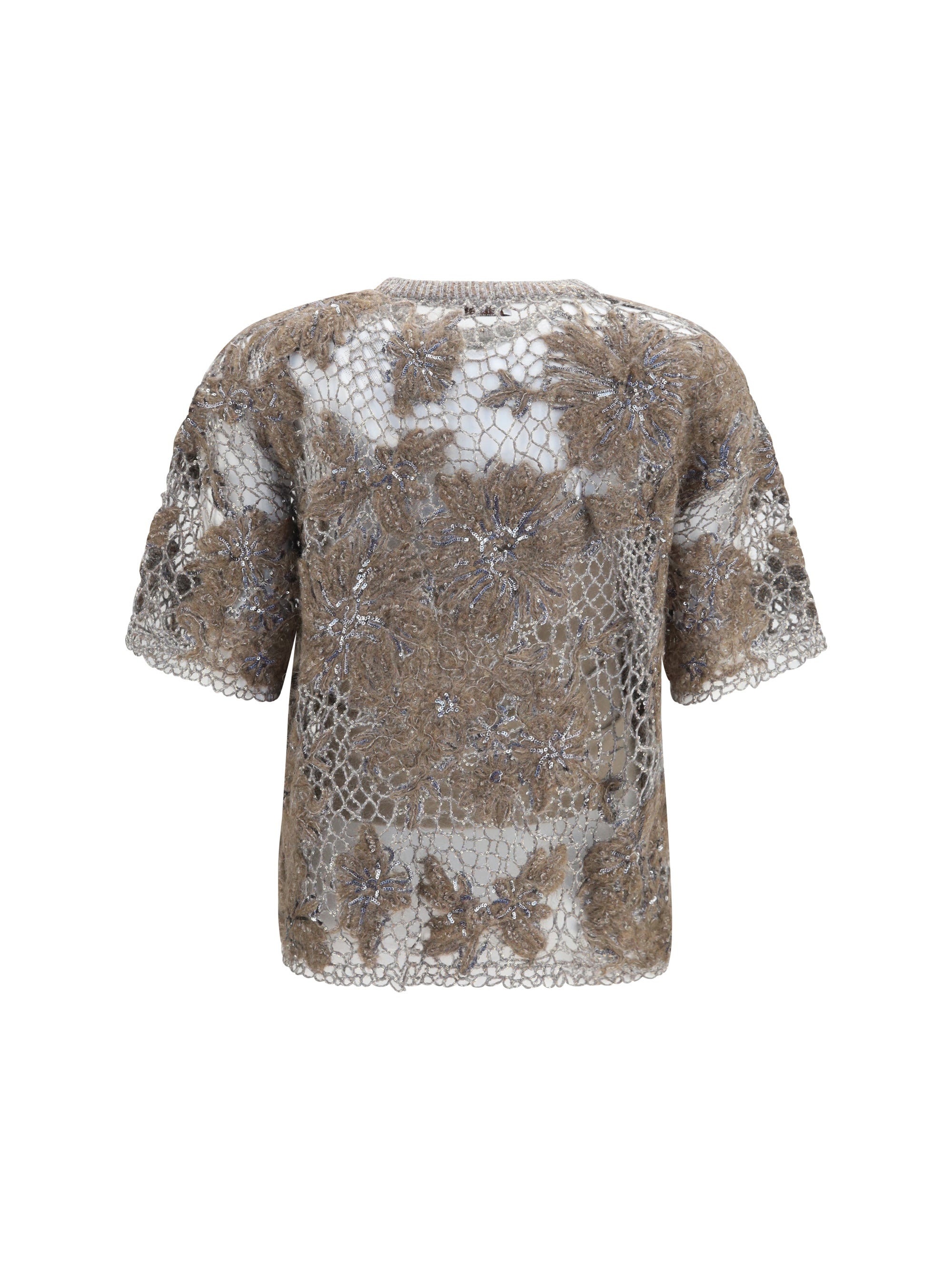 crew-neck top with floral embroidery and sequins