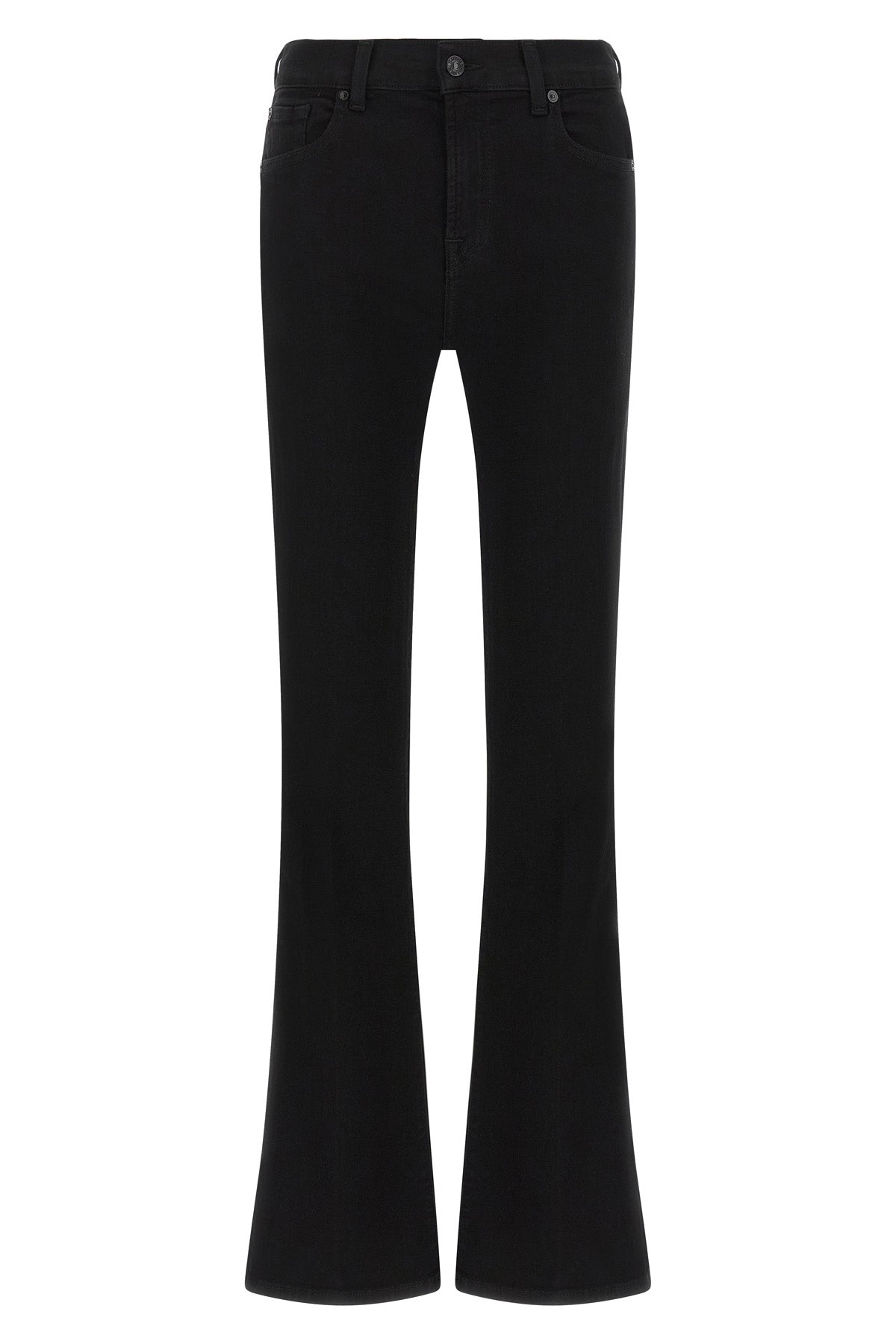 the 7 for all mankind jeans have a bootcut cut that wraps around the leg and t