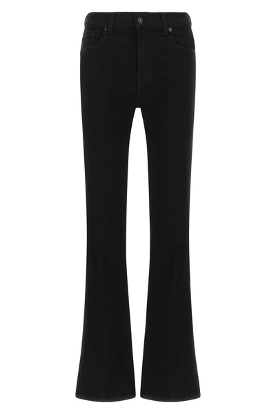 the 7 for all mankind jeans have a bootcut cut that wraps around the leg and t