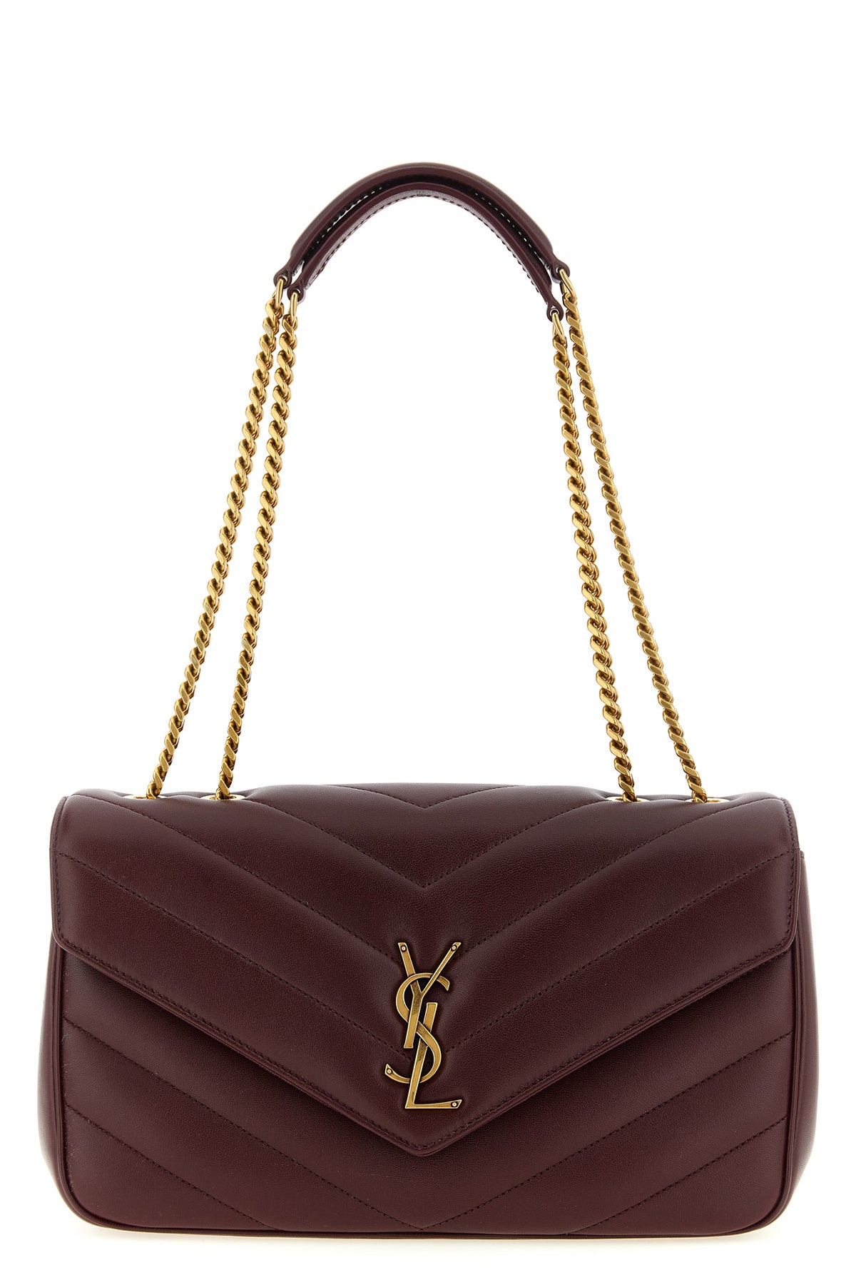 the saint laurent loulou medium shoulder bag is made of soft burgundy lambskin