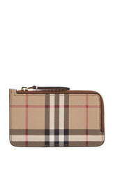 beige leather wallet with check pattern and zip closure