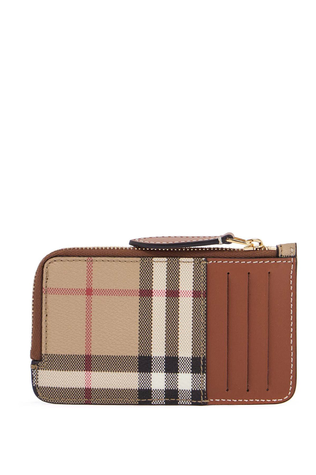 beige leather wallet with check pattern and zip closure