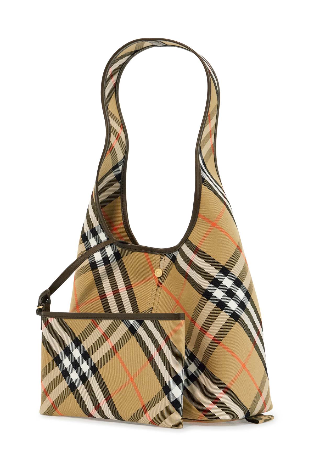 large beige cotton shoulder bag with check pattern and coordinated pouch