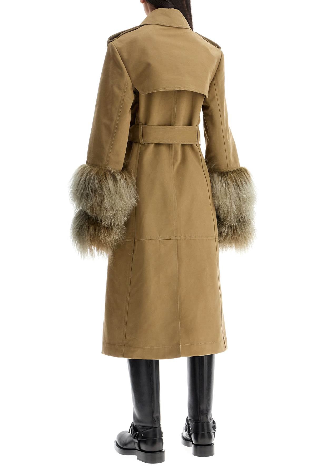 long trench coat with shearling cuffs