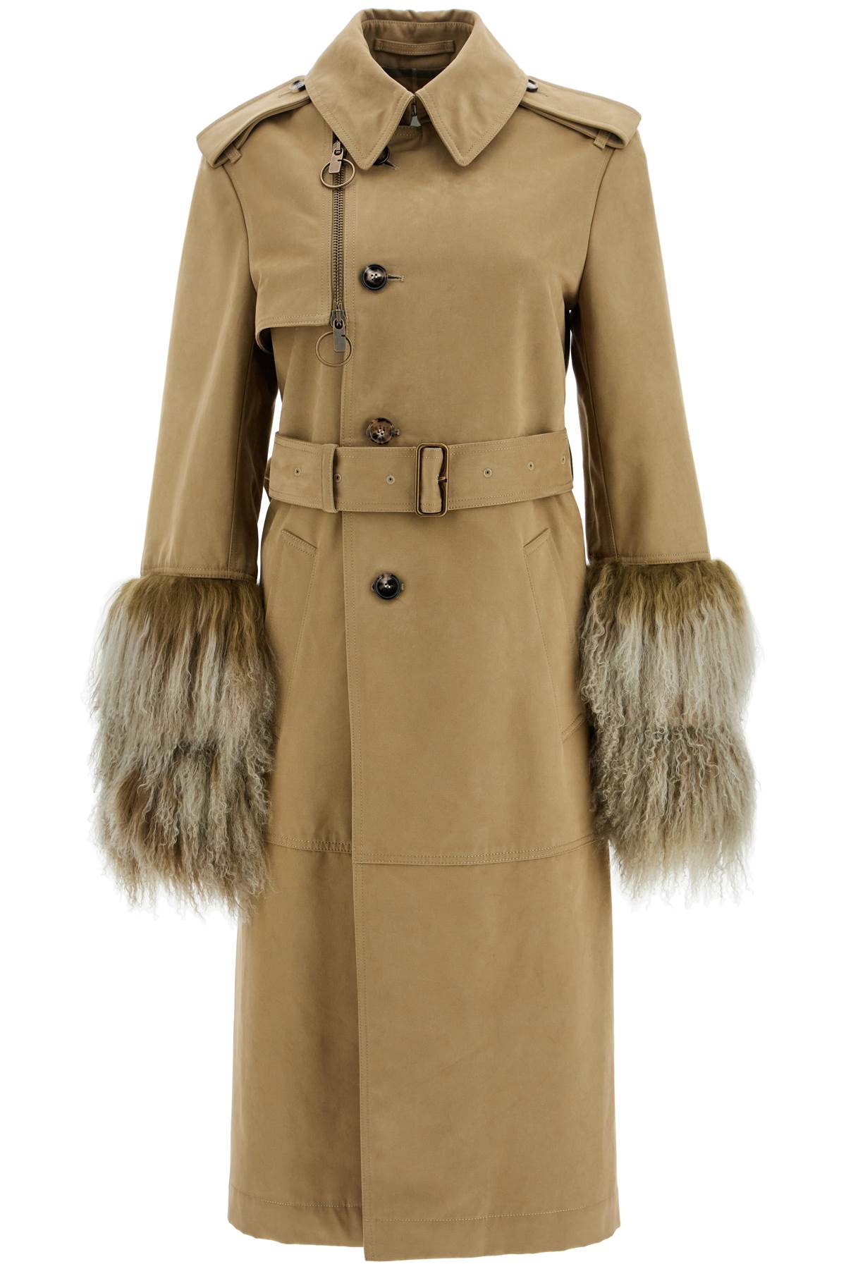 long trench coat with shearling cuffs