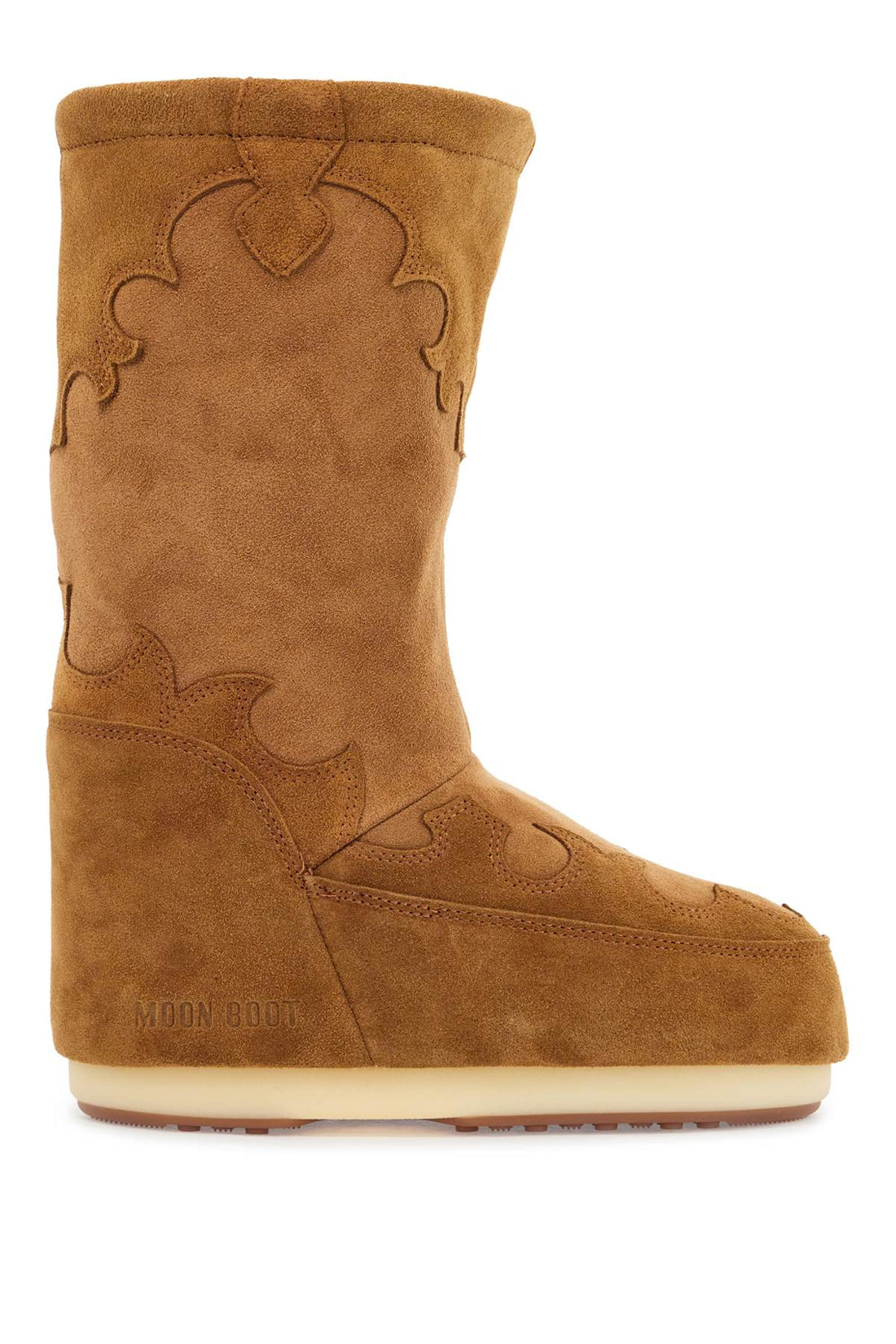 high suede boots in cognac with wedge embroidery