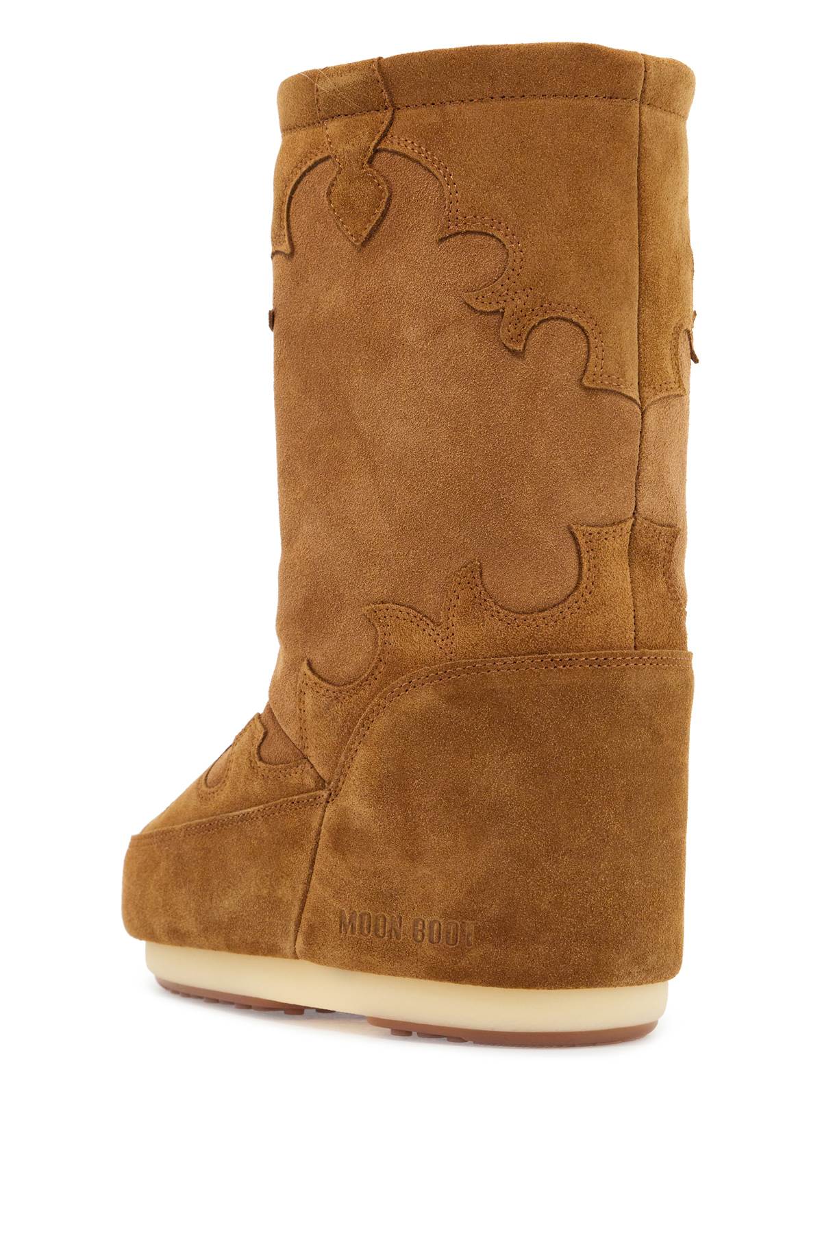 high suede boots in cognac with wedge embroidery