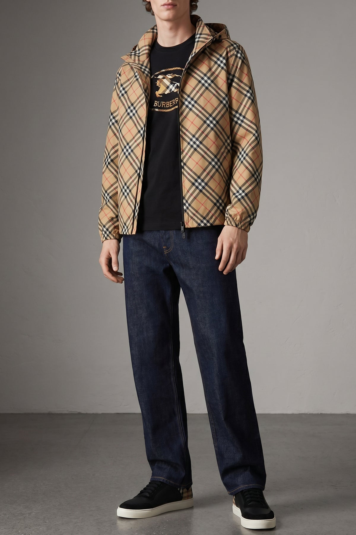 markham jacket in burberry check patterned technical fabric