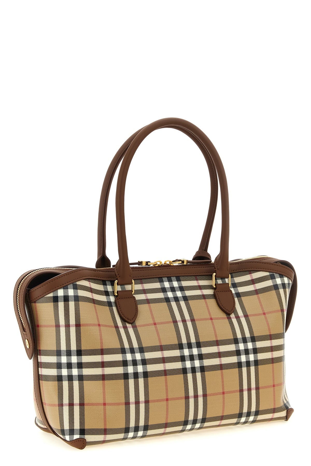 the burberry small tote bag features a structured silhouette in coated cotton ca