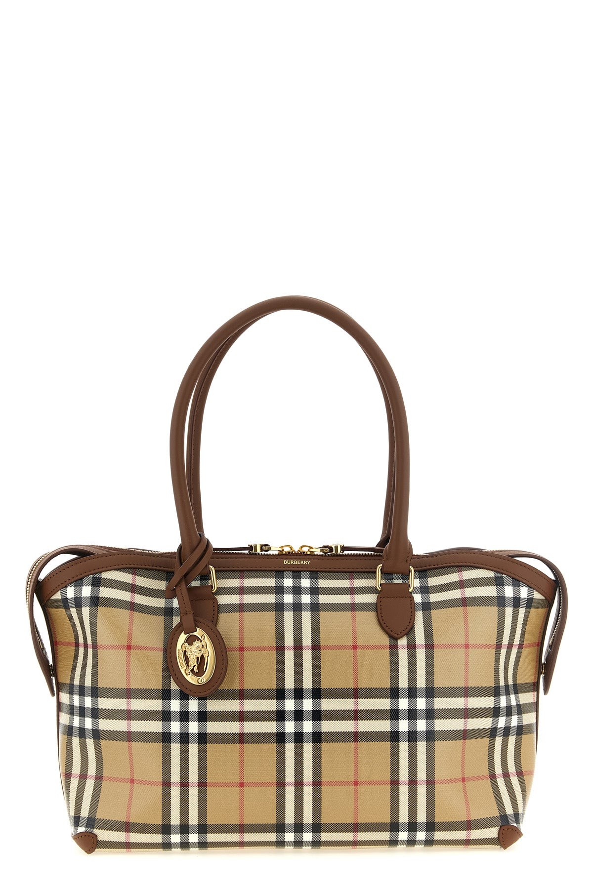 the burberry small tote bag features a structured silhouette in coated cotton ca