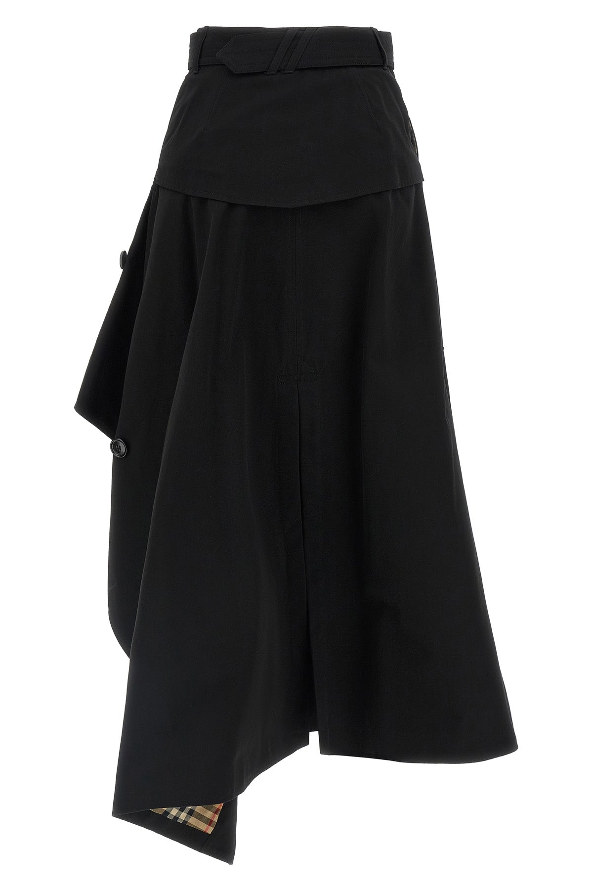 the asymmetrical burberry skirt reinterprets the classic trench coat in a high-w