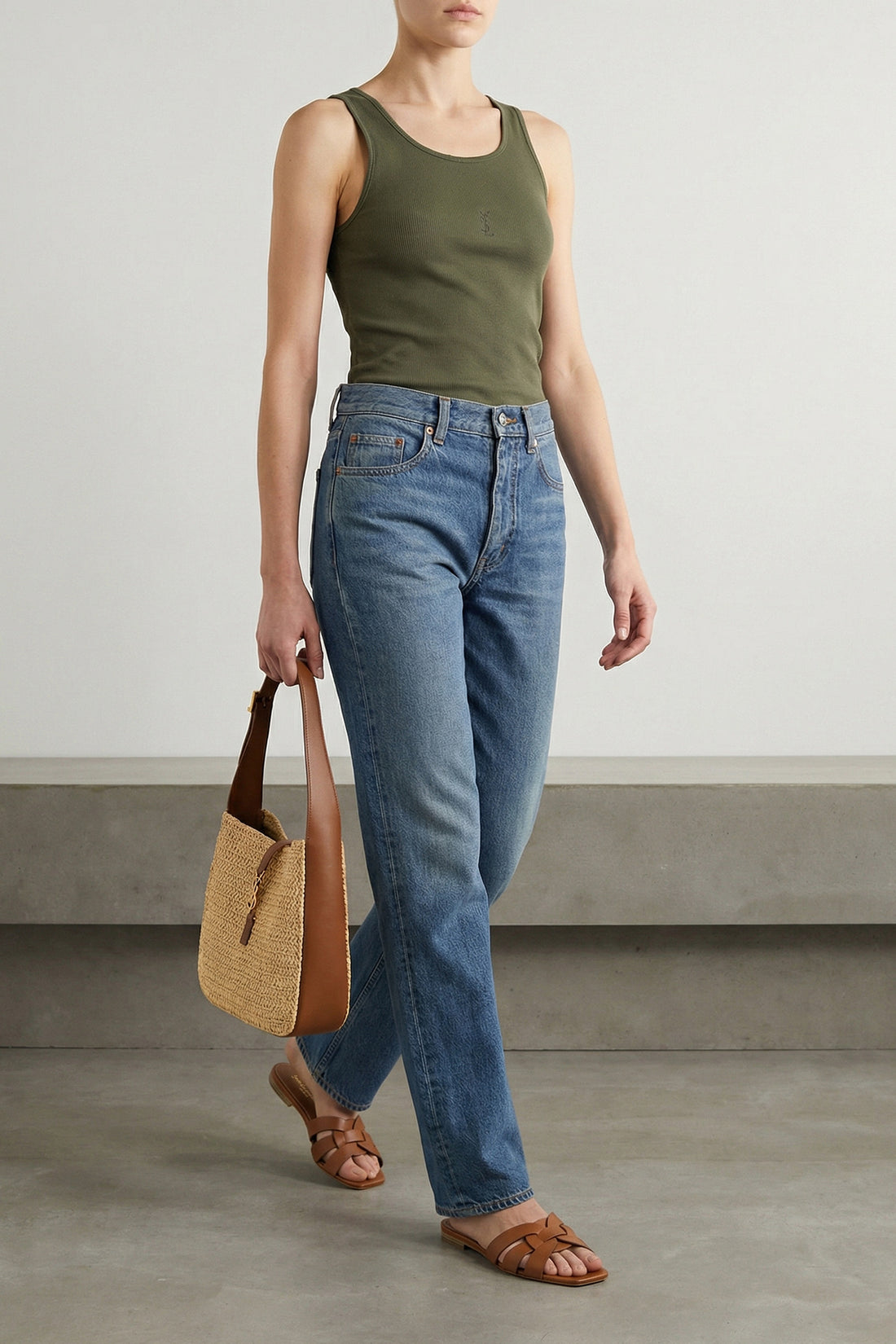 SAINT LAURENT OS small le 5 à 7 shoulder bag in woven raffia and vegetable-tanned leather