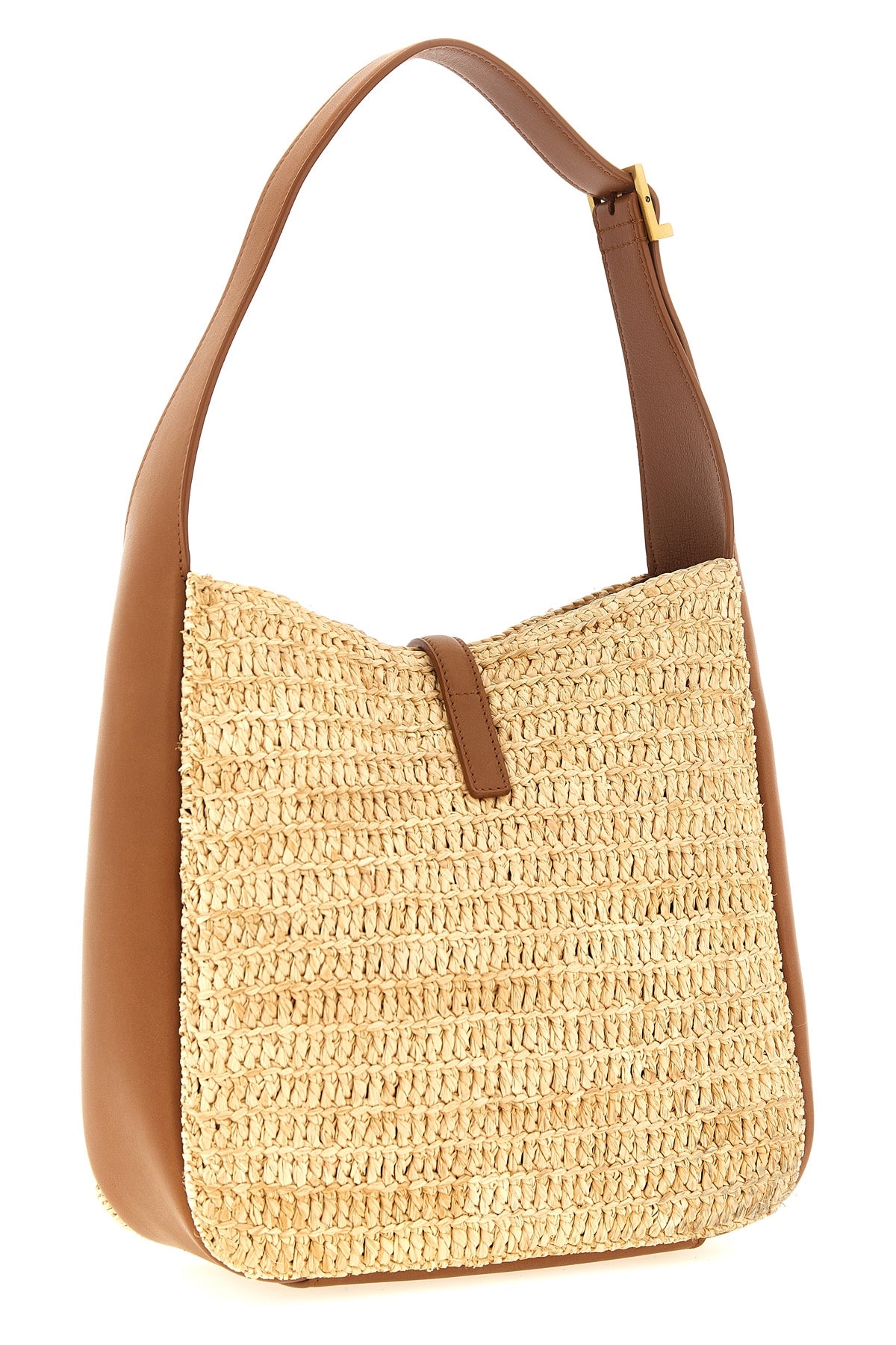 small le 5 à 7 shoulder bag in woven raffia and vegetable-tanned leather