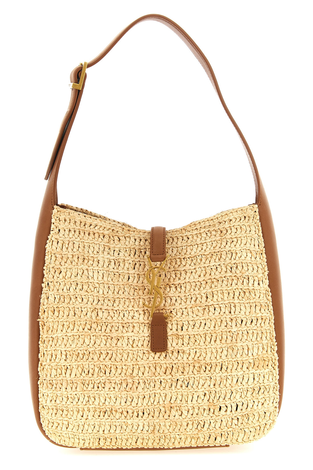 SAINT LAURENT OS small le 5 à 7 shoulder bag in woven raffia and vegetable-tanned leather