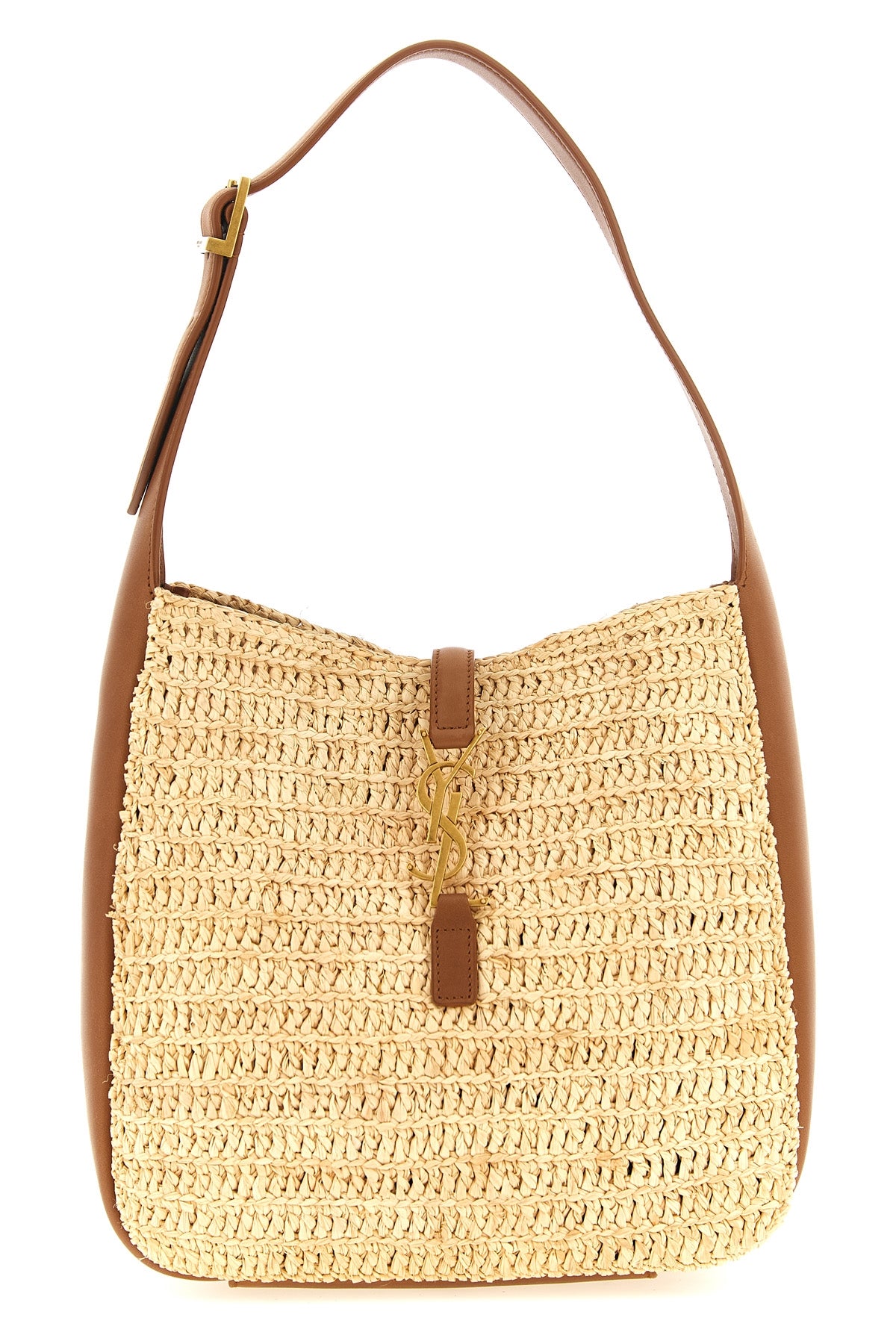 small le 5 à 7 shoulder bag in woven raffia and vegetable-tanned leather