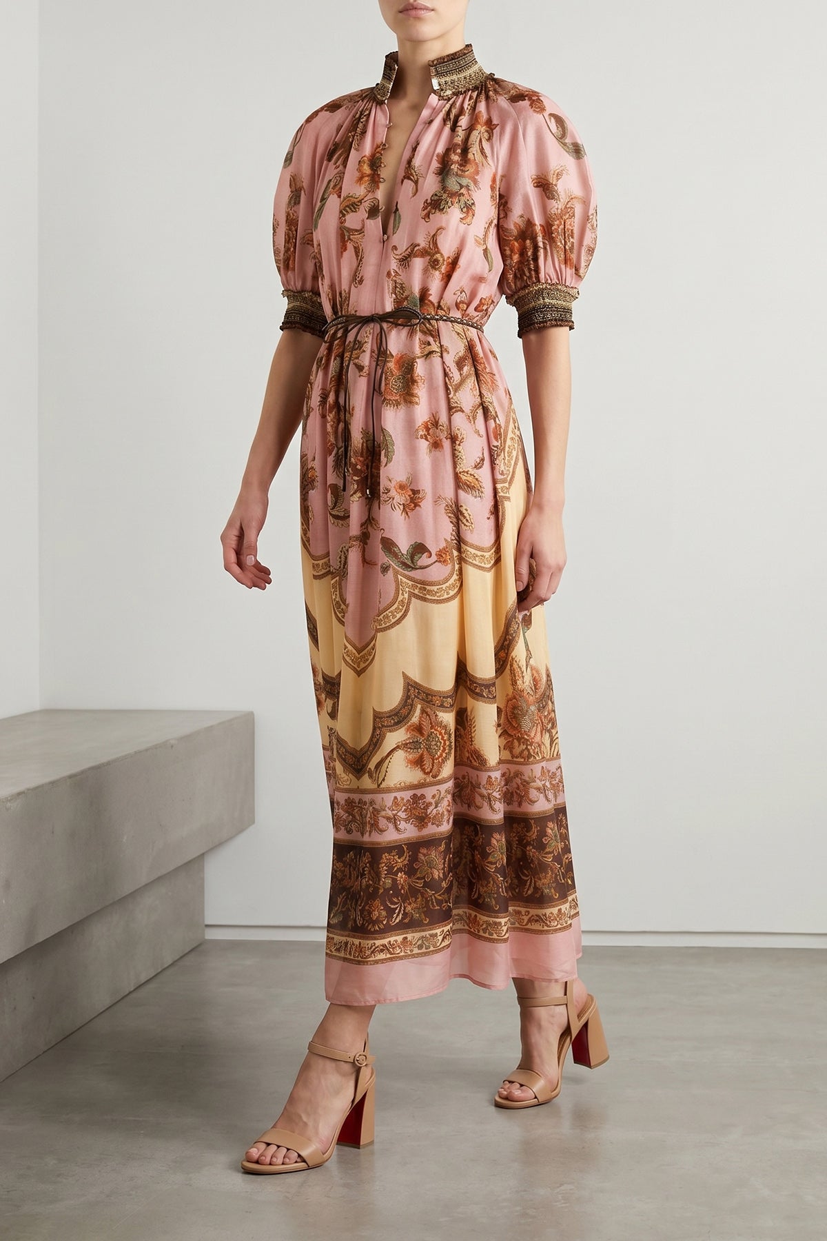 aster long jacobean patterned silk dress