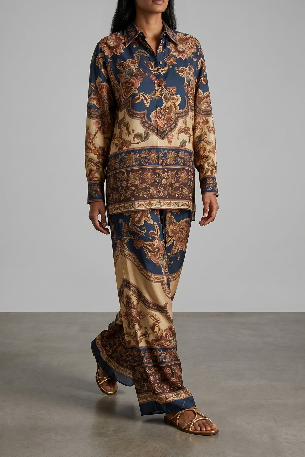 aster jacobean patterned silk habotai pants