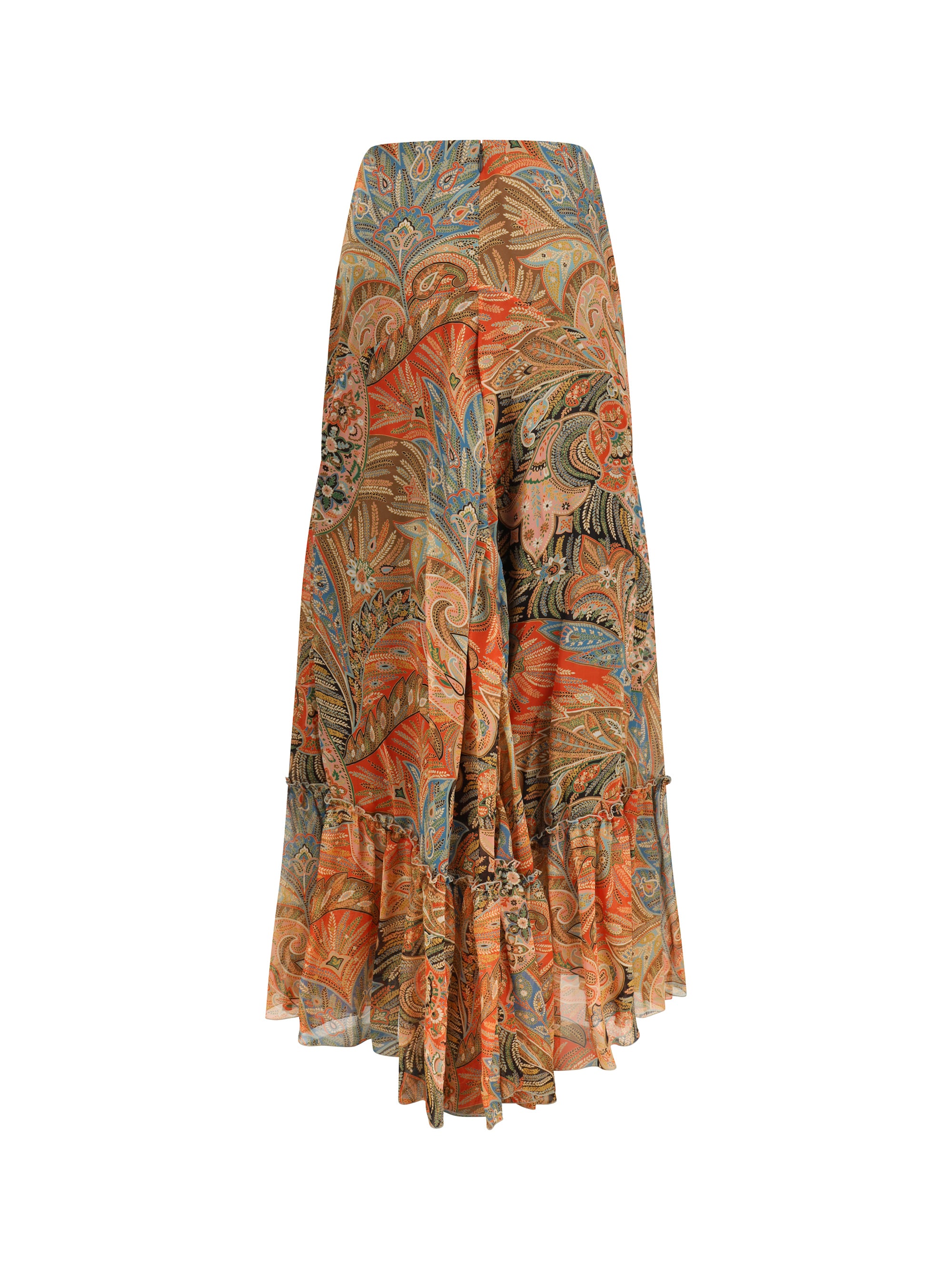 silk long skirt with flounce and paisley motif