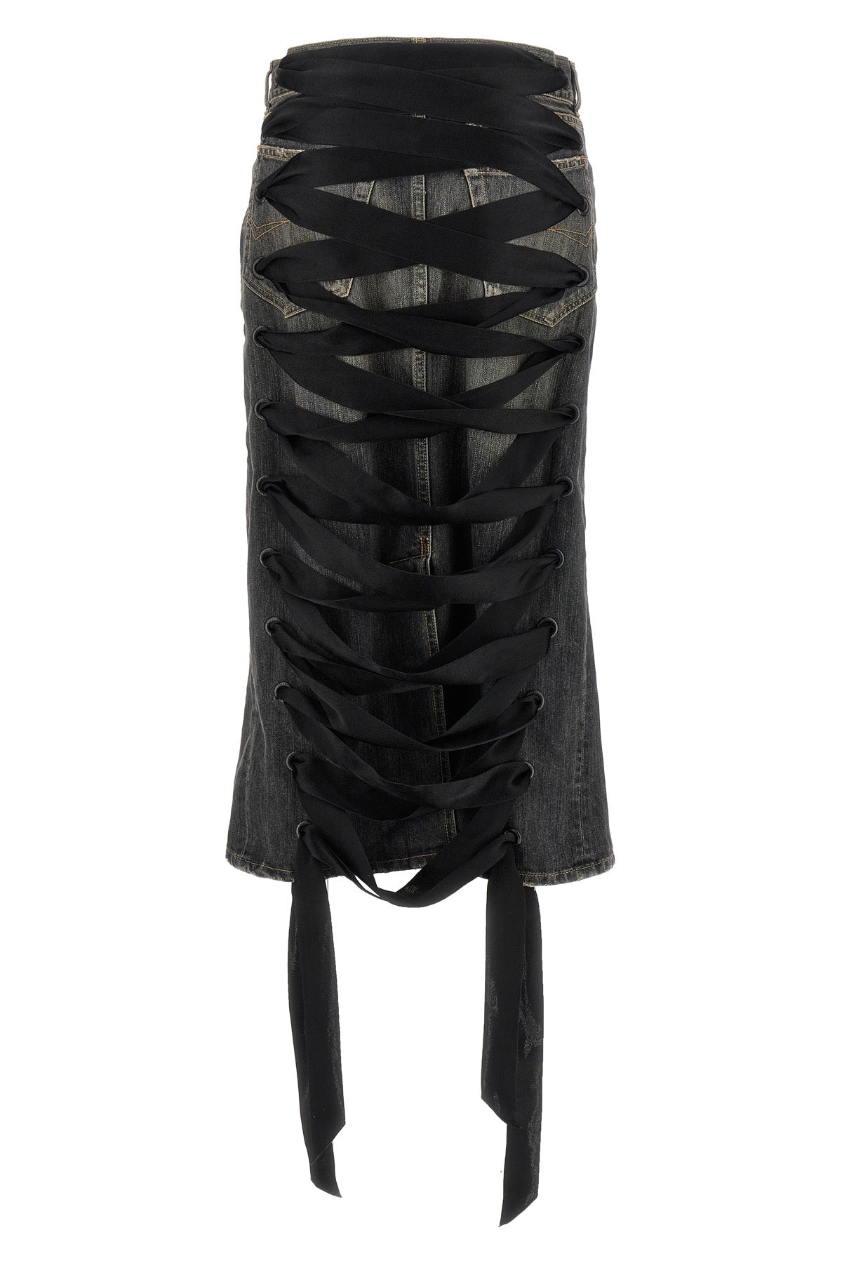 lace up midi skirt in stonewashed cotton denim