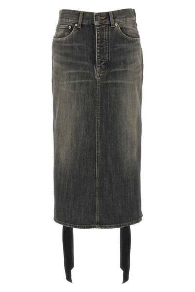 lace up midi skirt in stonewashed cotton denim