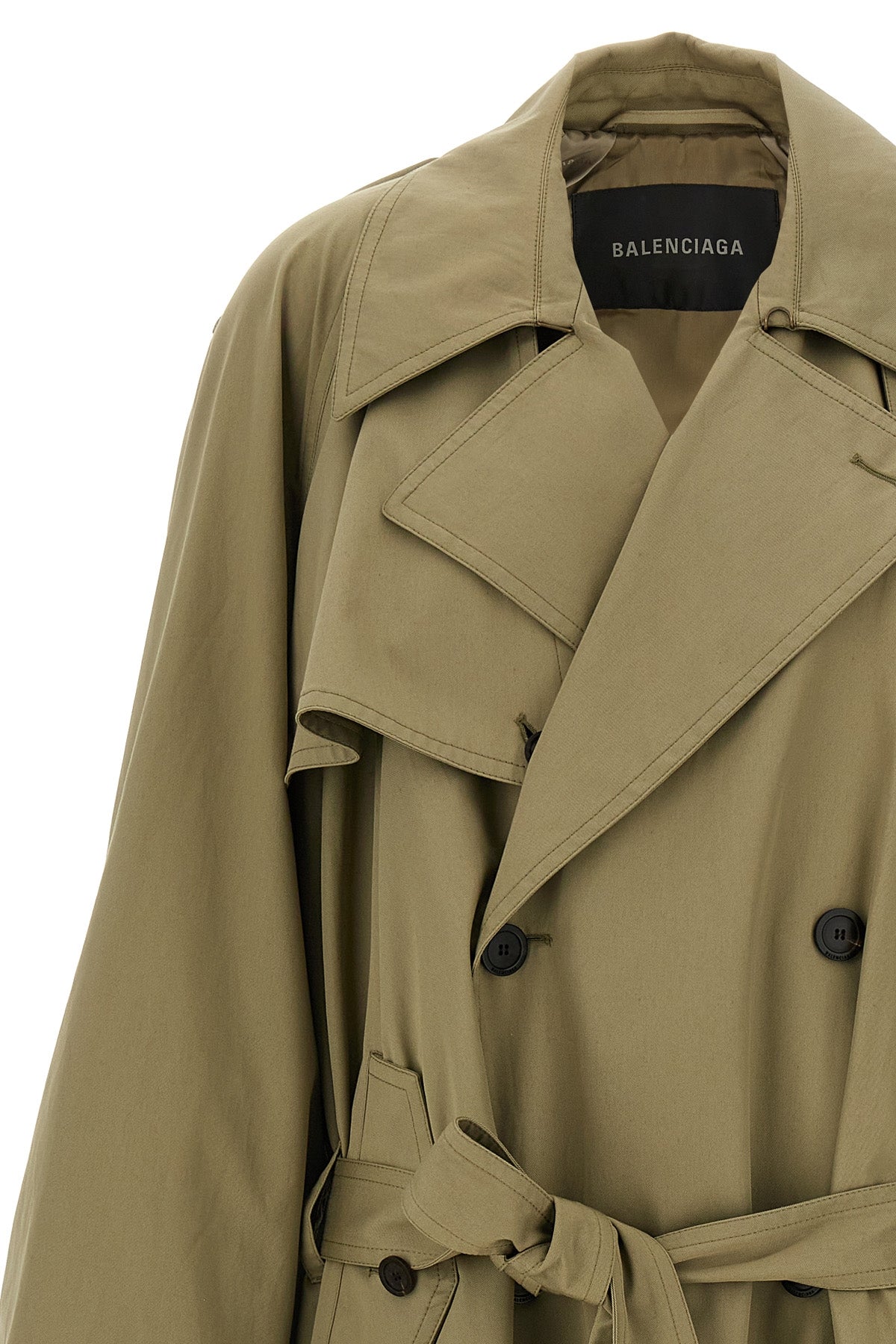 draped neck double-breasted cotton gabardine trench coat
