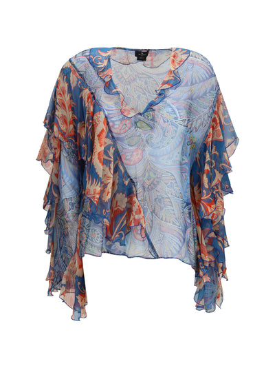 long-sleeve silk shirt with ruffles and floral motif