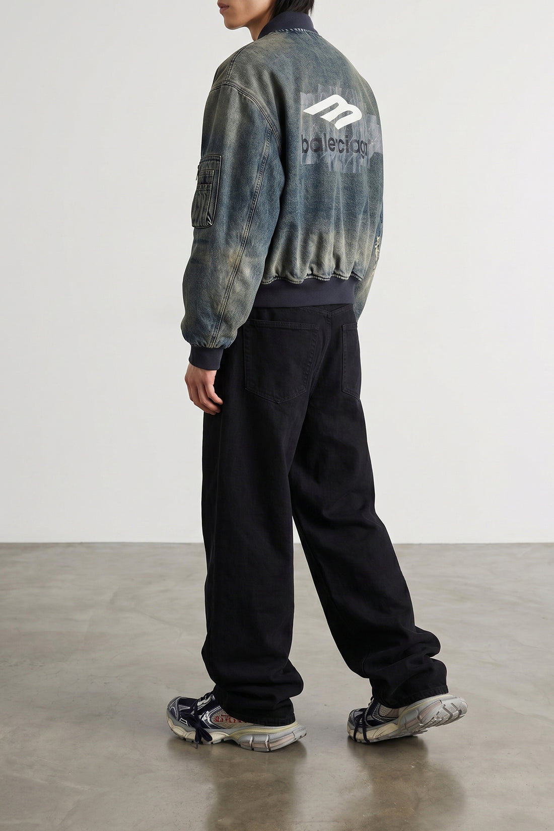 BALENCIAGA M bomber standard used-effect stone washed cotton denim jacket