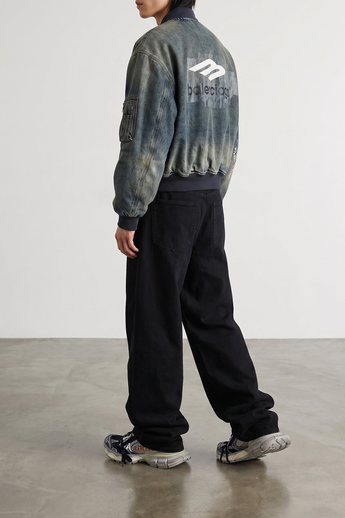 bomber standard used-effect stone washed cotton denim jacket