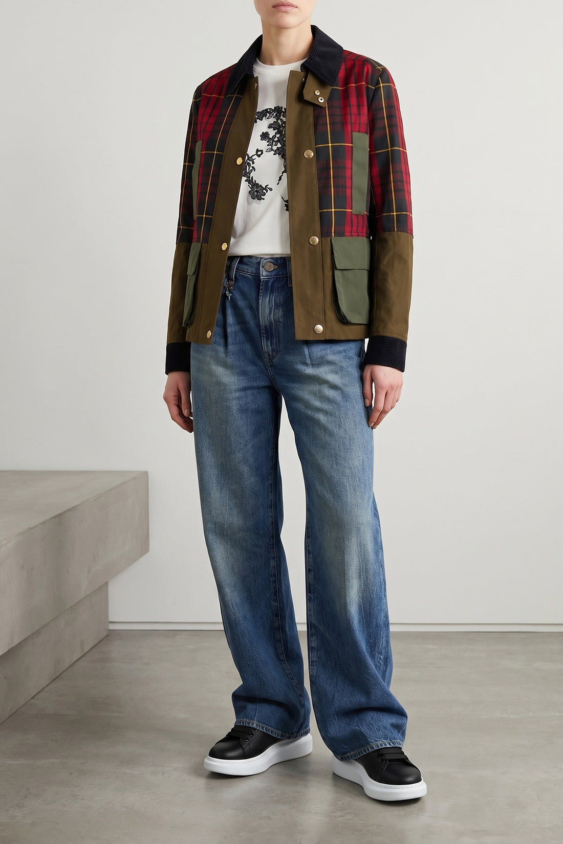 MCQUEEN 42 solid color waxed cotton jacket and tartan ripstop panels