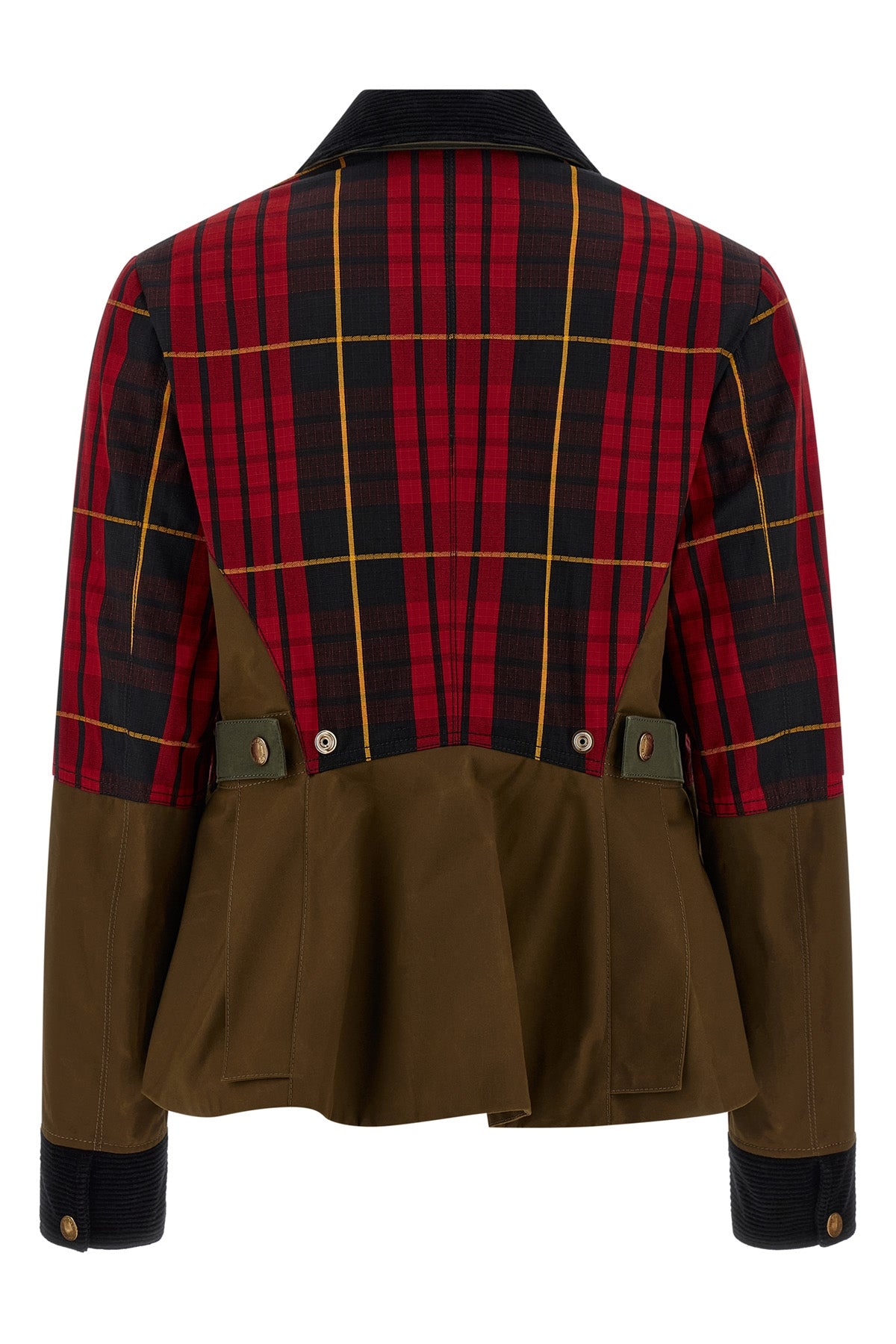 solid color waxed cotton jacket and tartan ripstop panels